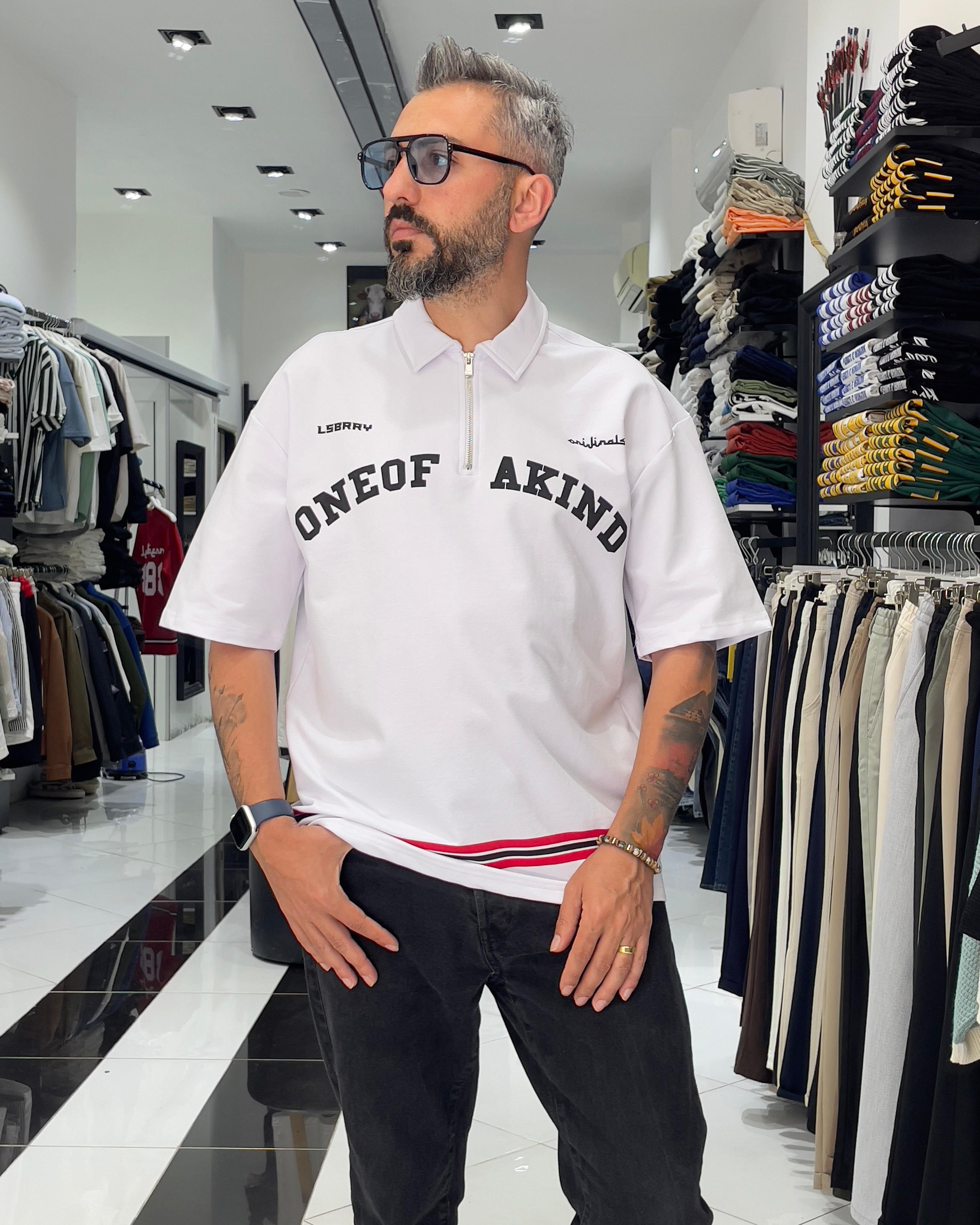 888 Baskılı Oversize Polo Yaka Erkek T-Shirt - beyaz