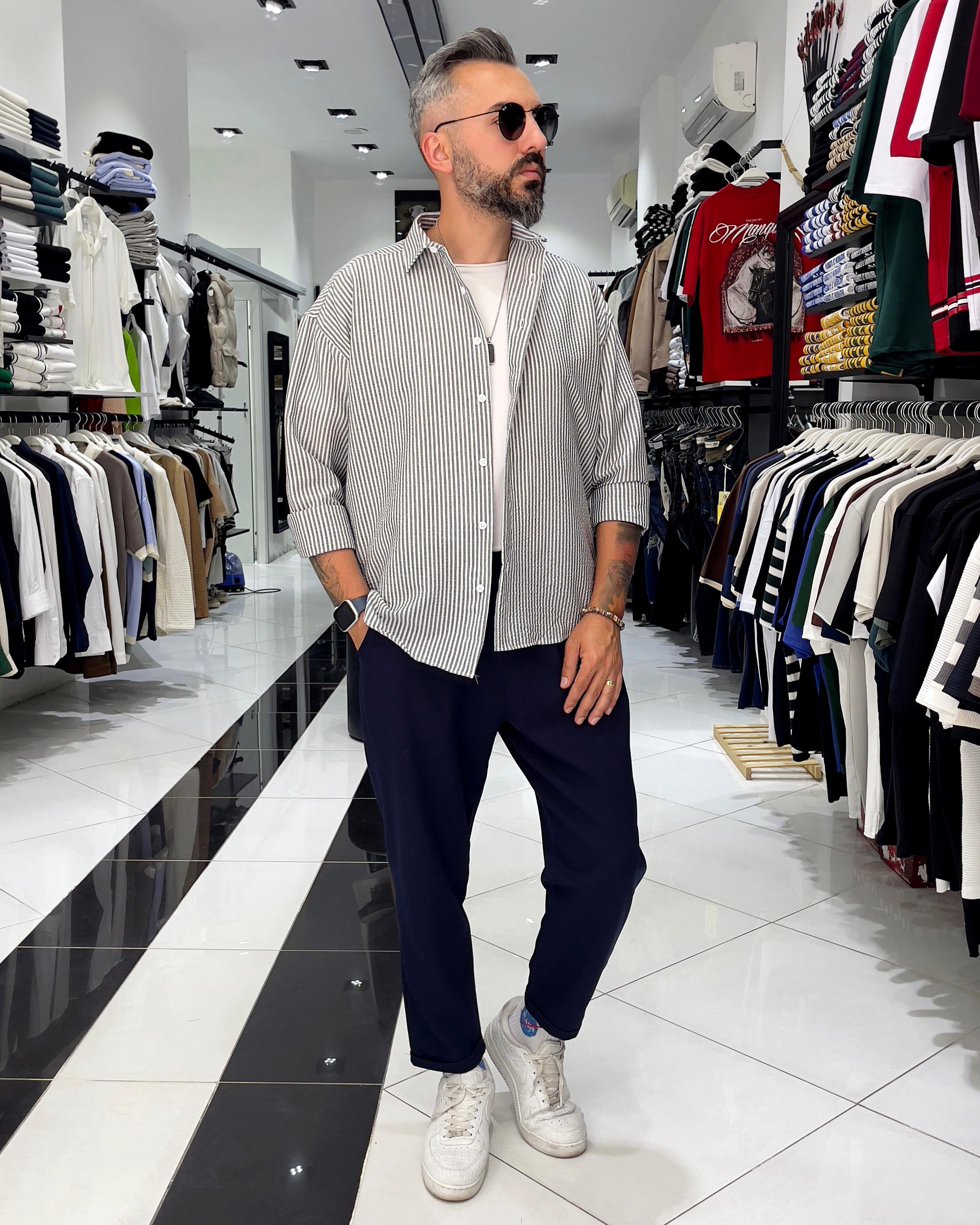 Gofre Kumaş Çizgili Oversize Erkek Gömlek - siyah