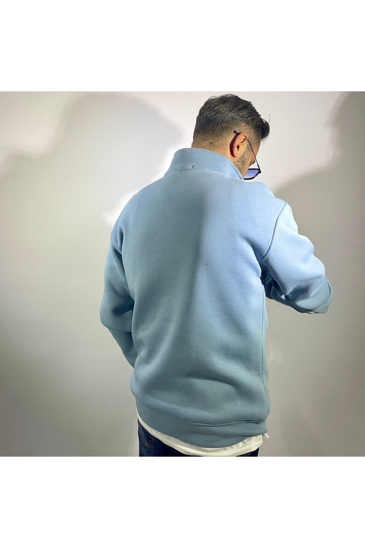 Yarım Fermuarlı Oversize Erkek Sweatshirt - mavi