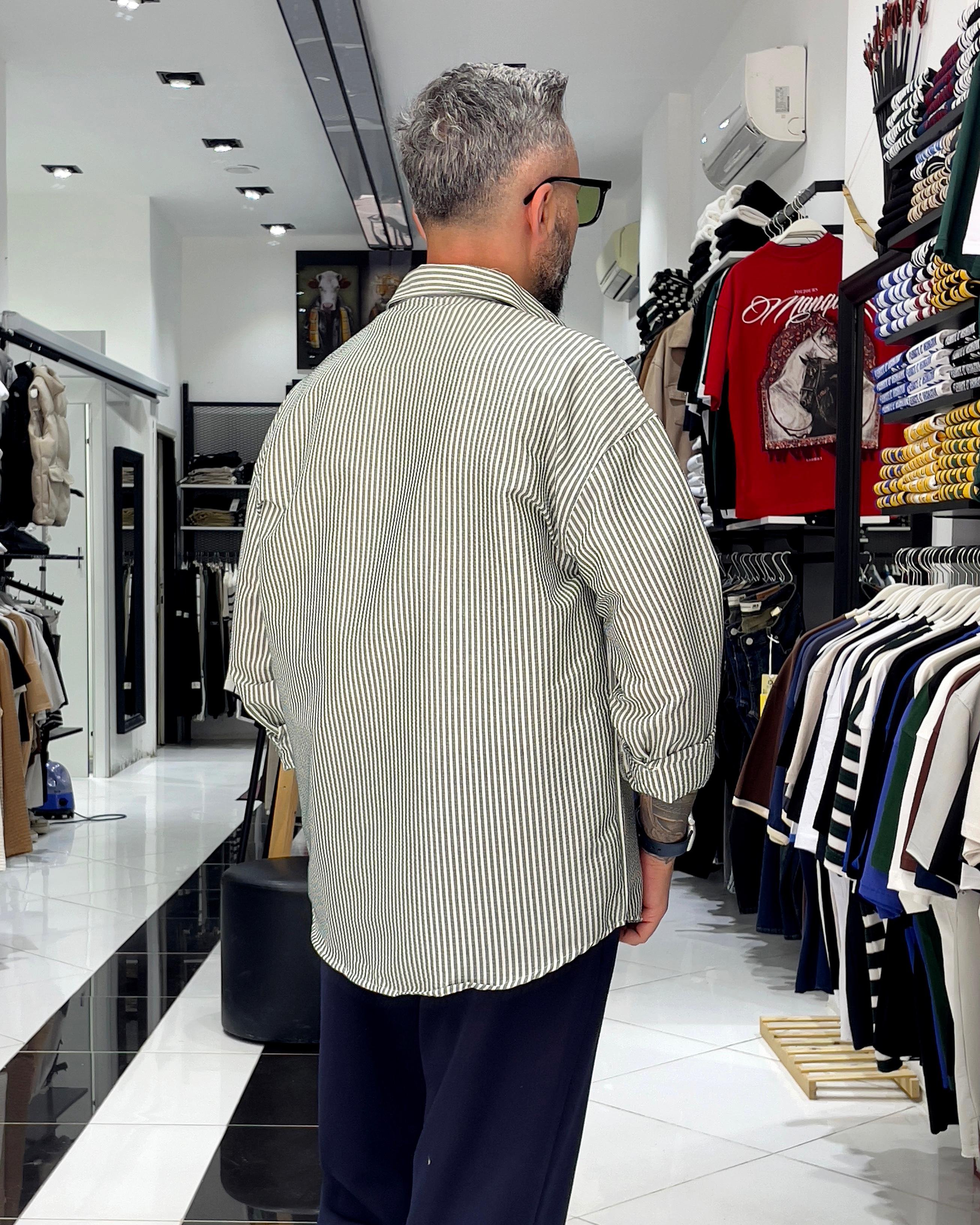 Gofre Kumaş Çizgili Oversize Erkek Gömlek - haki
