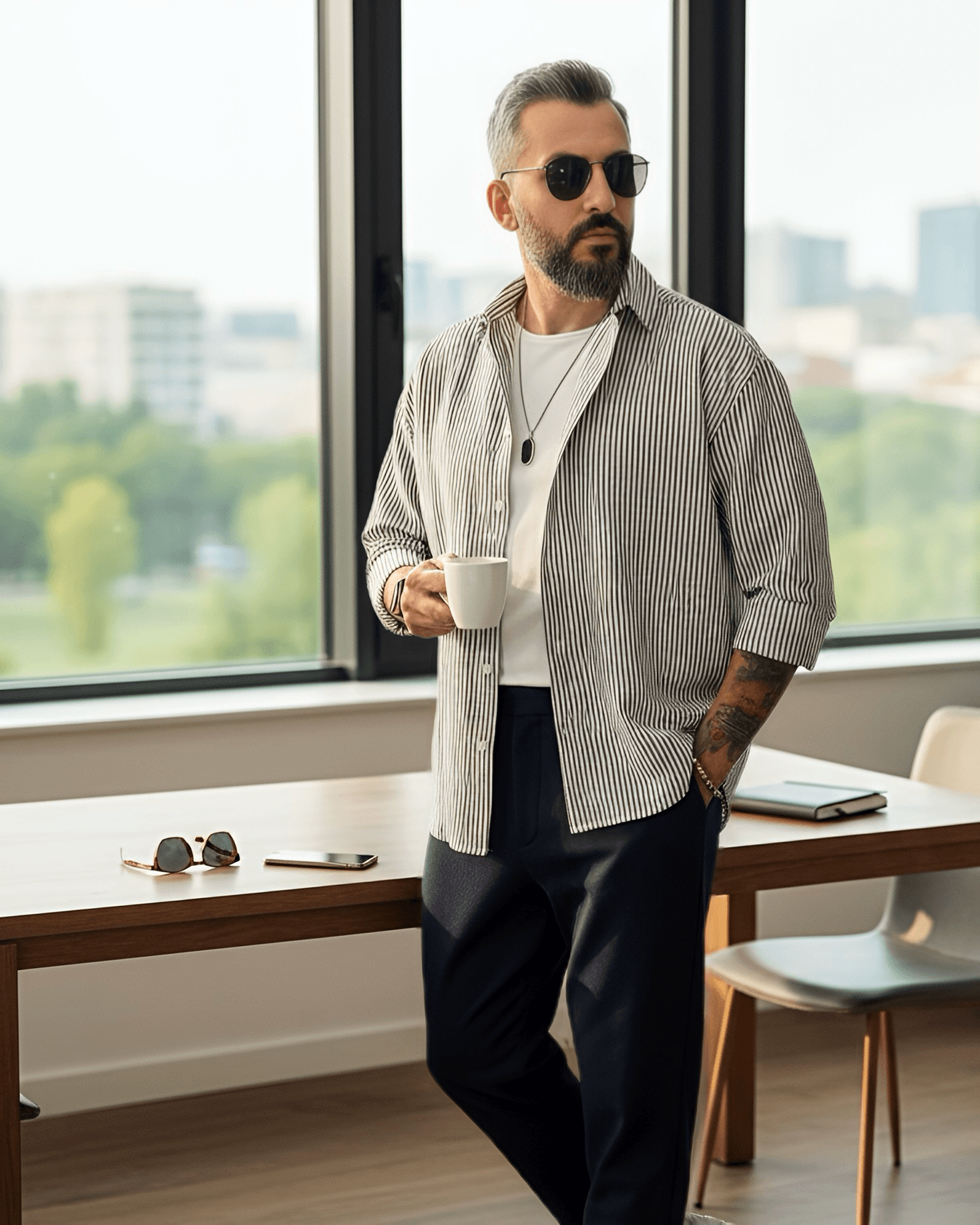 Gofre Kumaş Çizgili Oversize Erkek Gömlek - siyah