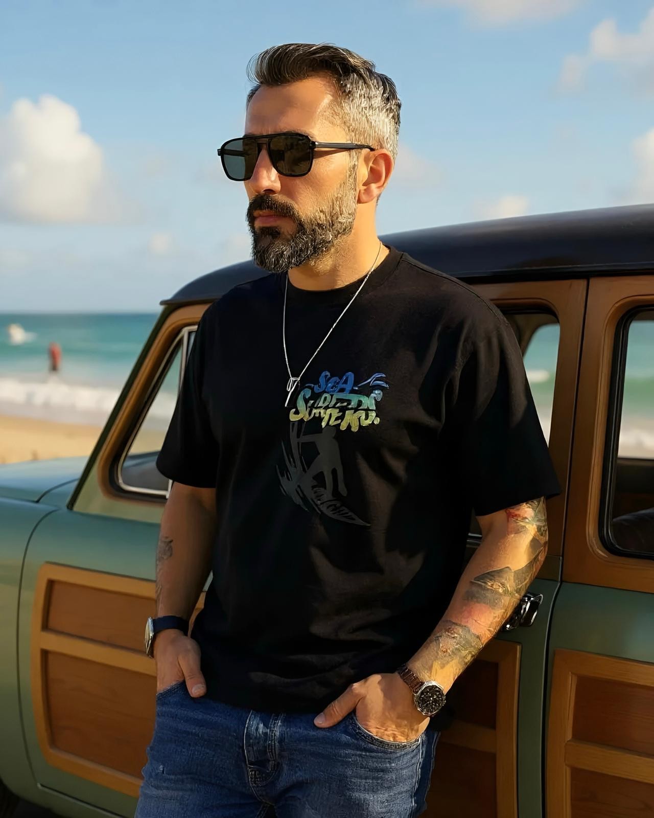 Sea Surfers Sloganlı Oversize T-Shirt - siyah