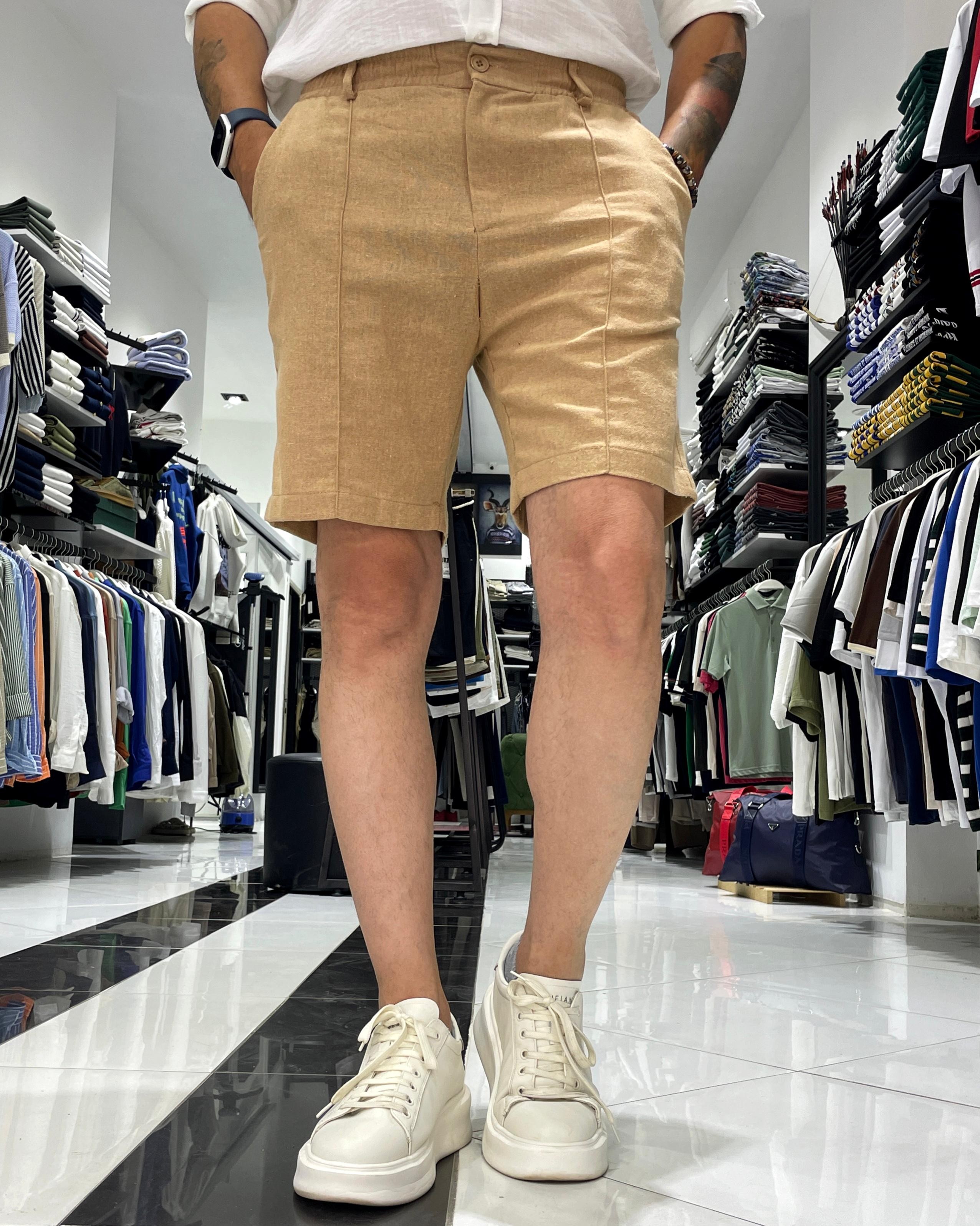 Relaxed Fit Çima Çizgi Detaylı Erkek Keten Pamuk Şort