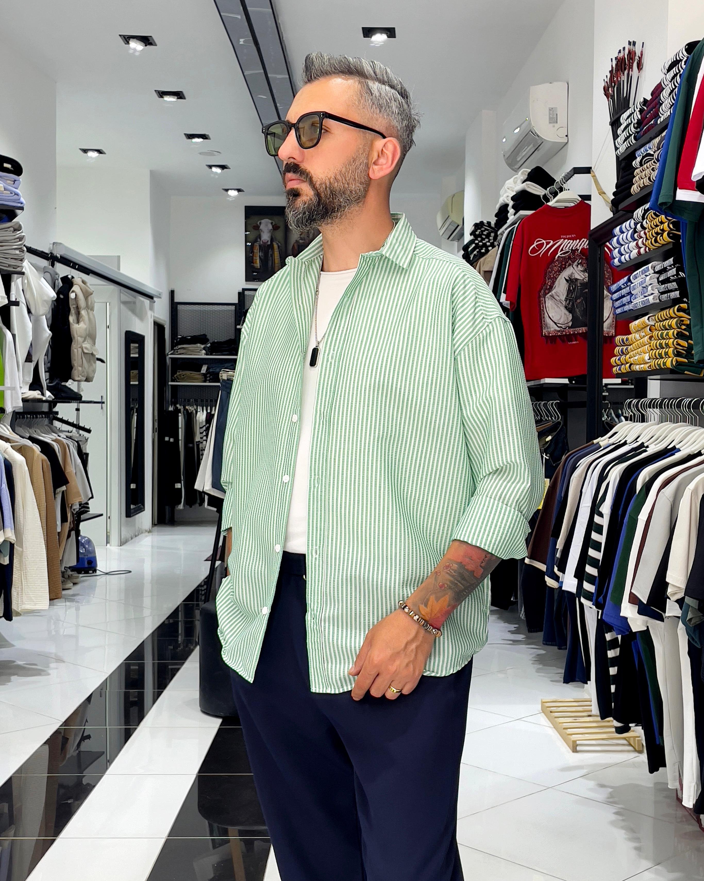 Gofre Kumaş Çizgili Oversize Erkek Gömlek - yeşil