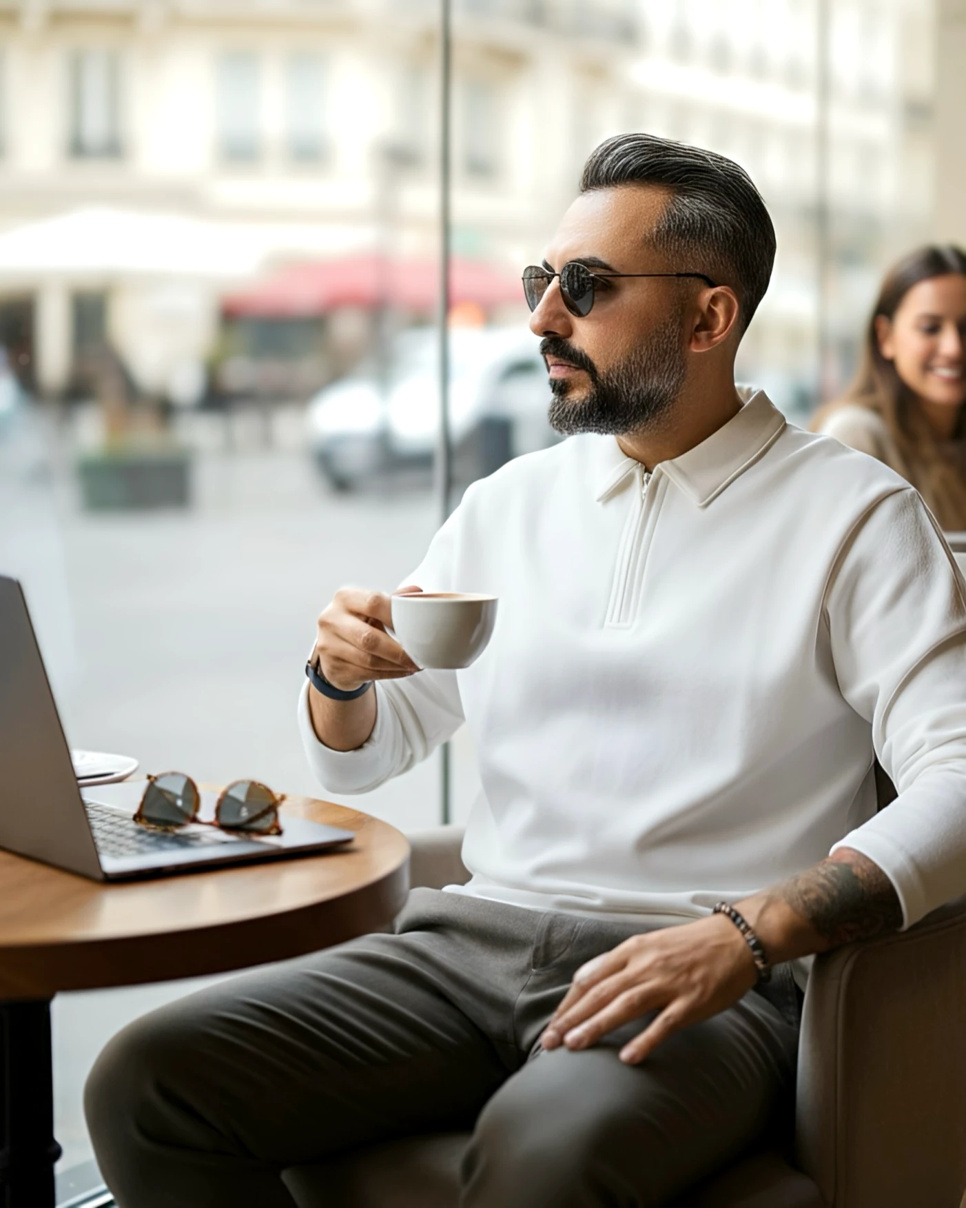 Beyaz Fermuarlı Erkek Polo Yaka Sweatshirt