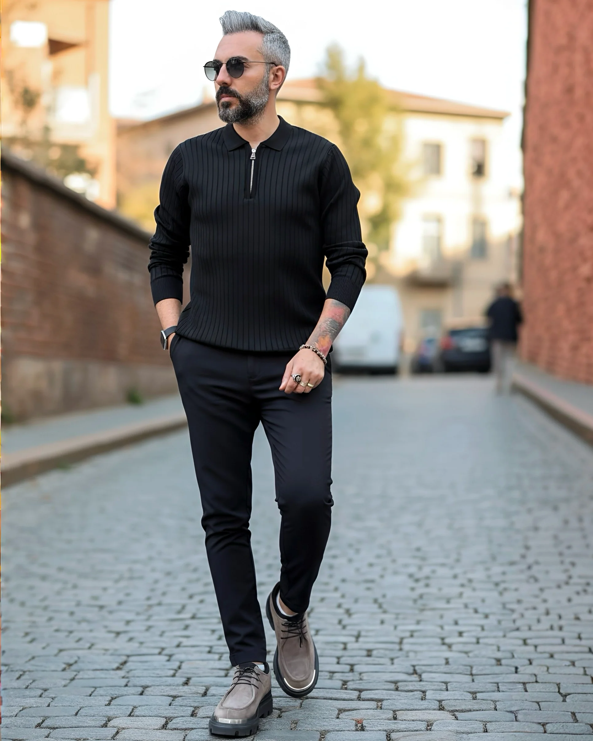 Espresso Line Old Money Erkek Triko Yarım Fermuarlı Polo Kazak - siyah