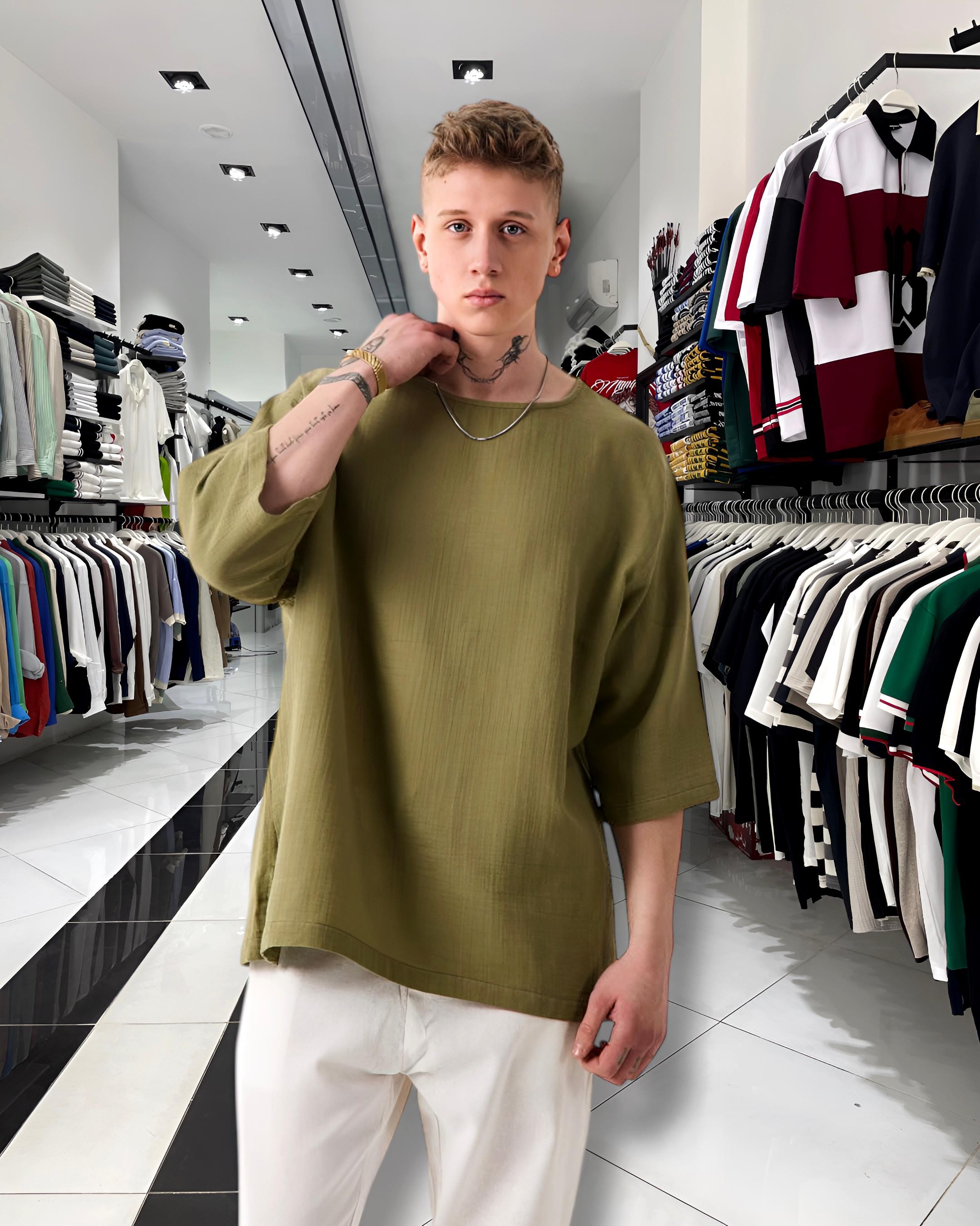Fakir Kol Keten Oversize T-Shirt  - haki