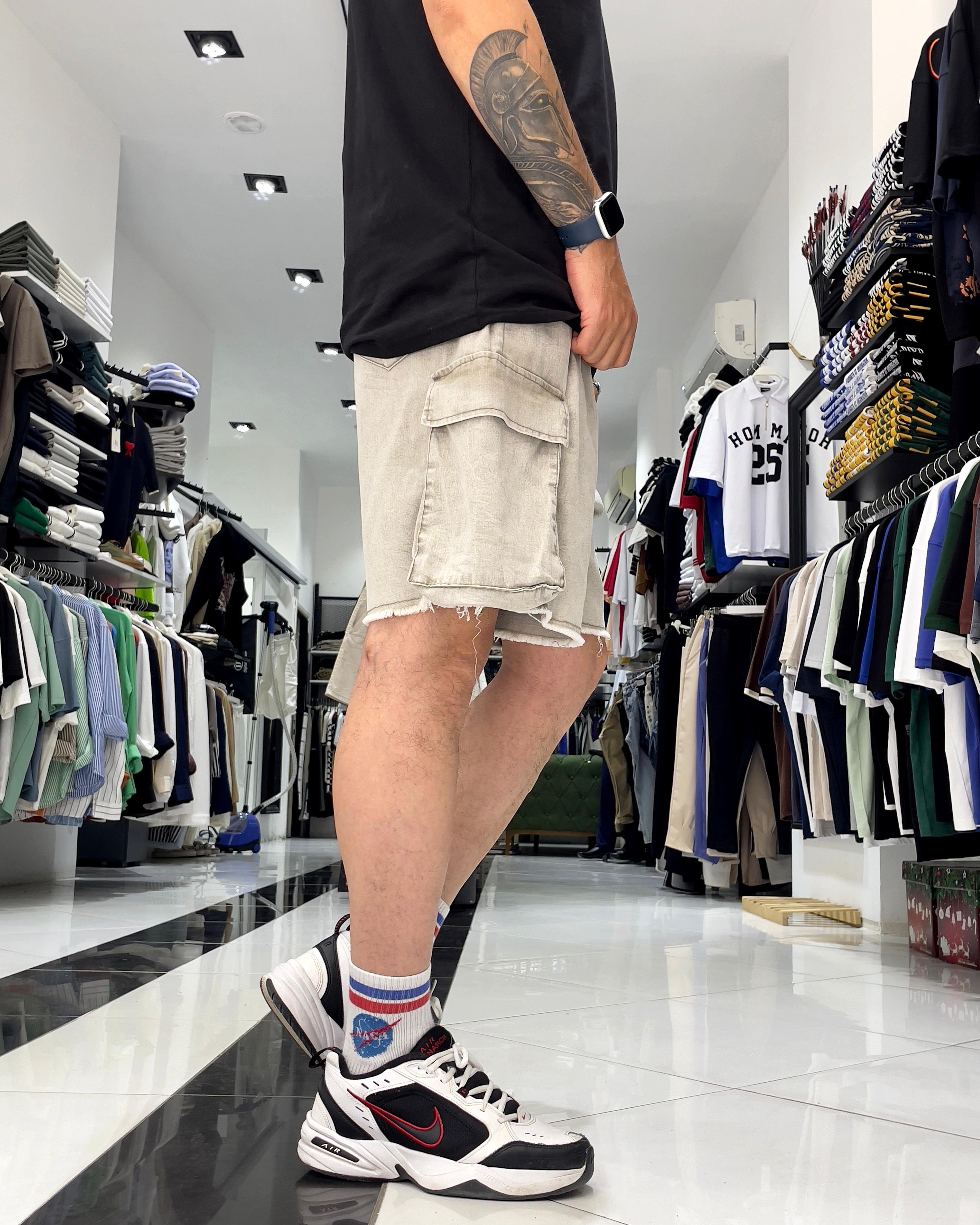 Baggy Fit Organik Denim Erkek Kargo Şort – Higo Man - yıkamalı gri