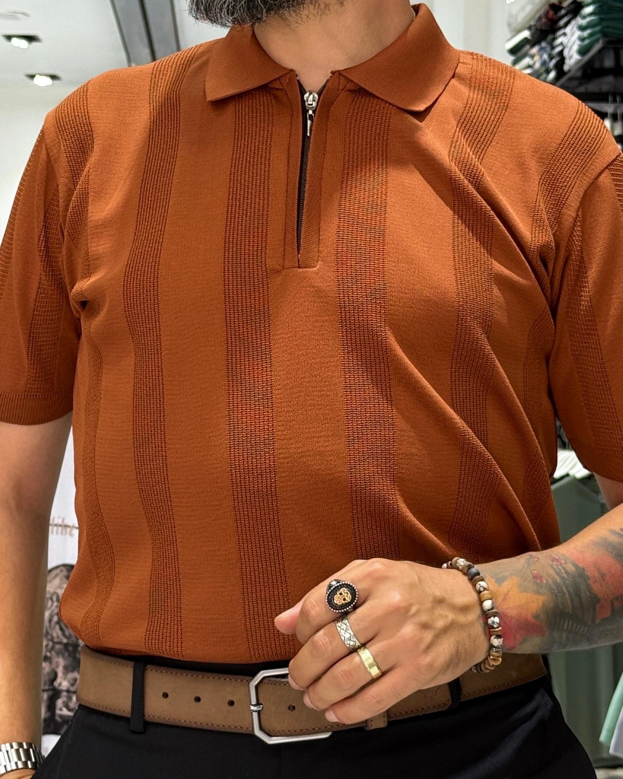  Desenli Polo Yaka Yarım Fermuarlı Erkek T-Shirt - kiremit