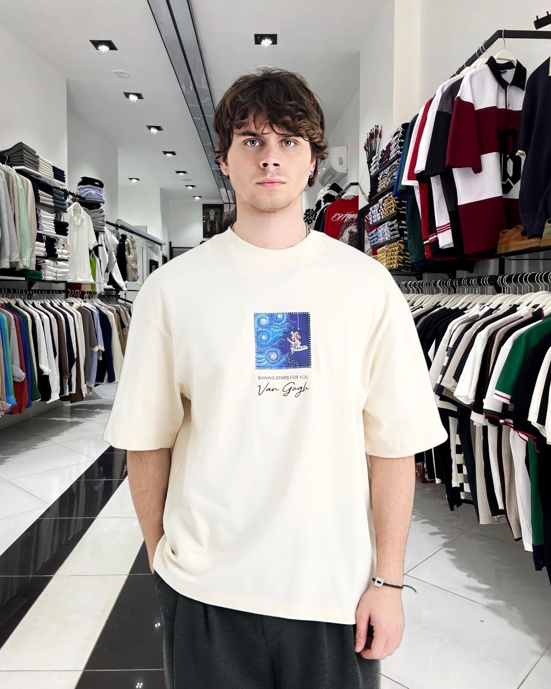 Starry Vision Sırt Kumaş Baskı Van Gogh Oversize Erkek T-Shirt - bej