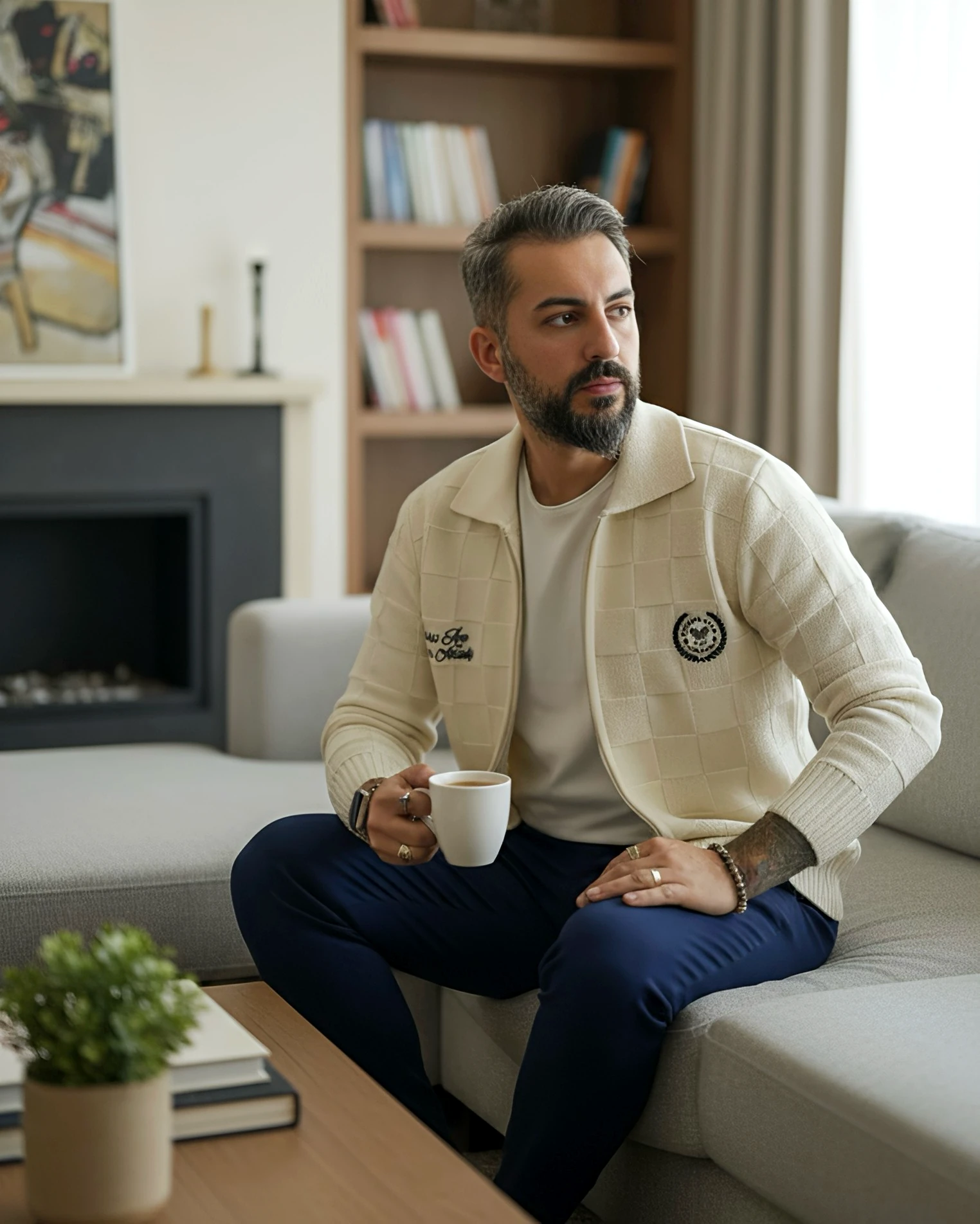 Zippered Men's Cardigan - Beige