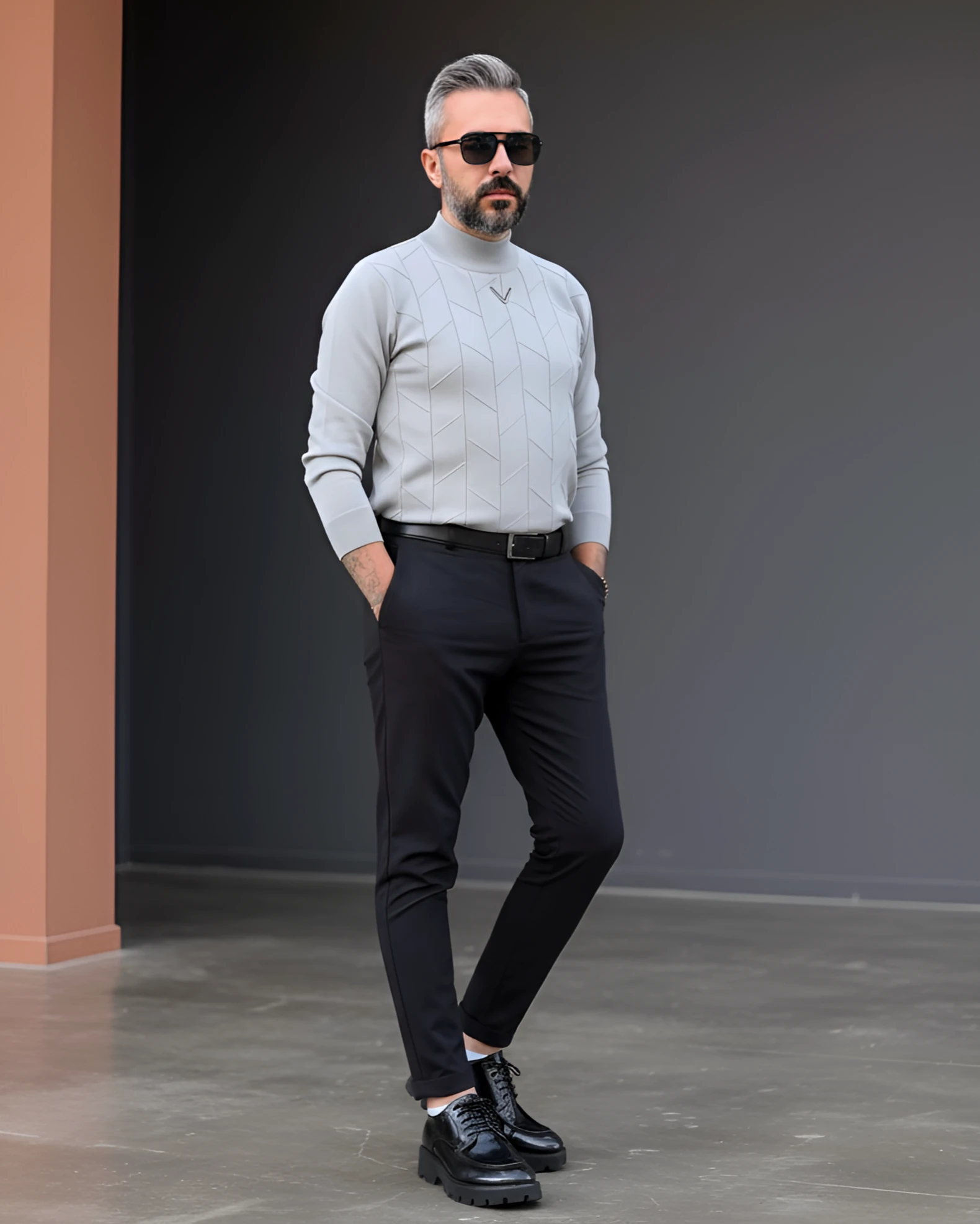 Yarım Balıkçı Desenli Triko Erkek Kazak - gri