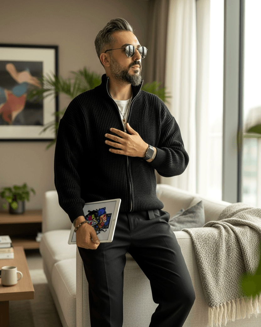 Selanik Örgü Fermuarlı Oversize Erkek Hırka - siyah
