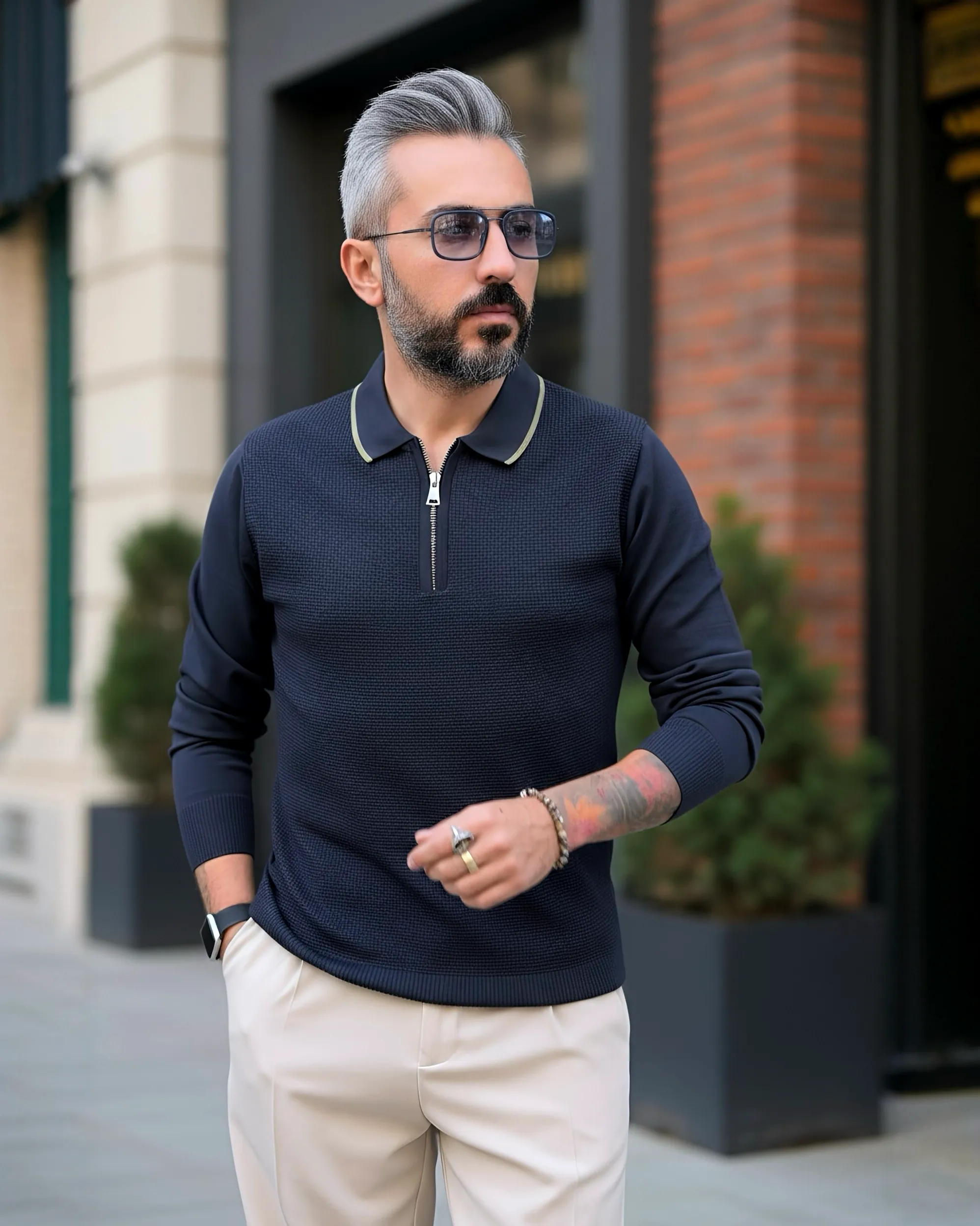 Old Money Erkek Yarım Fermuarlı Triko Kazak - lacivert