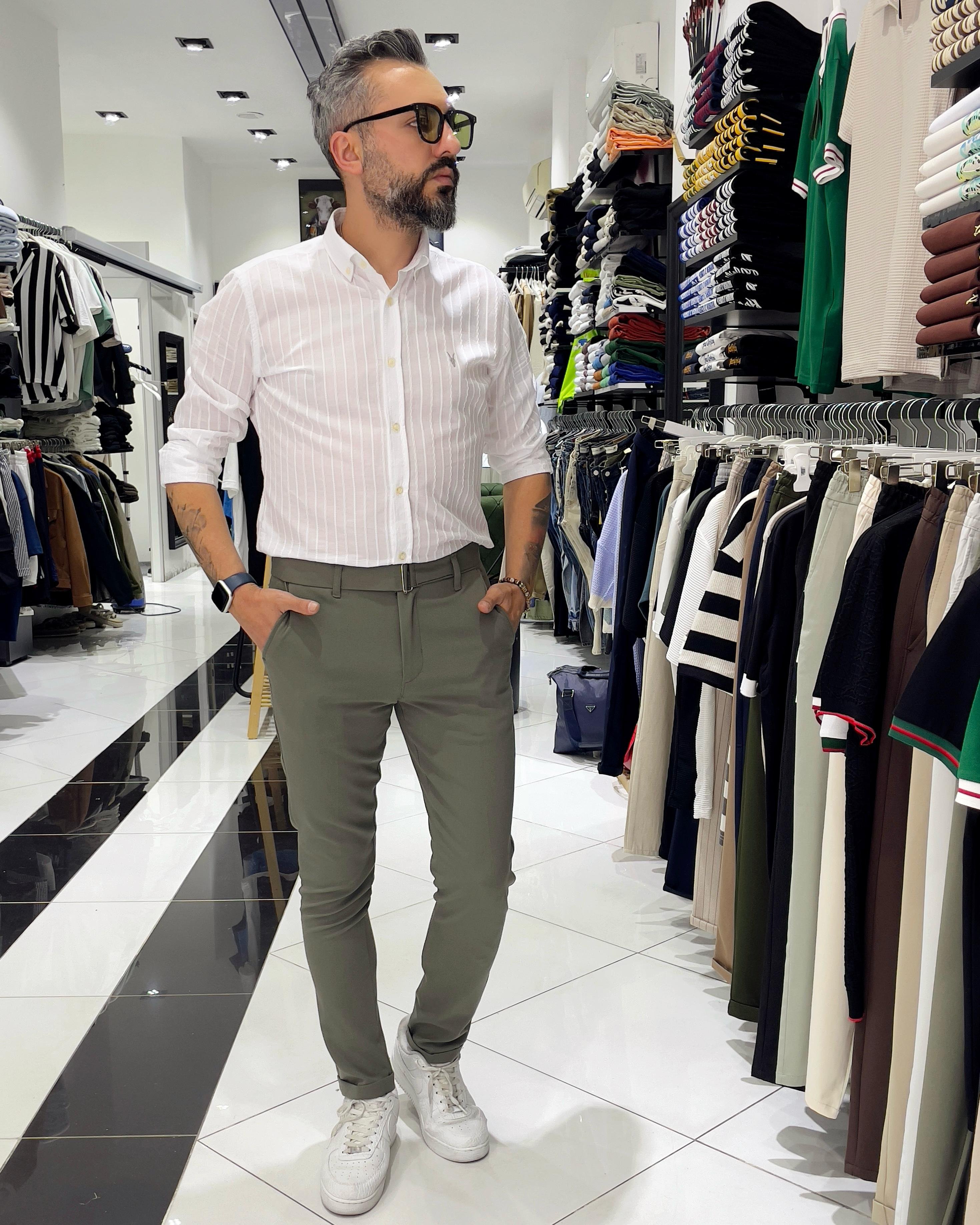 Italian Style Belted Men's Fabric Trousers - Khaki green