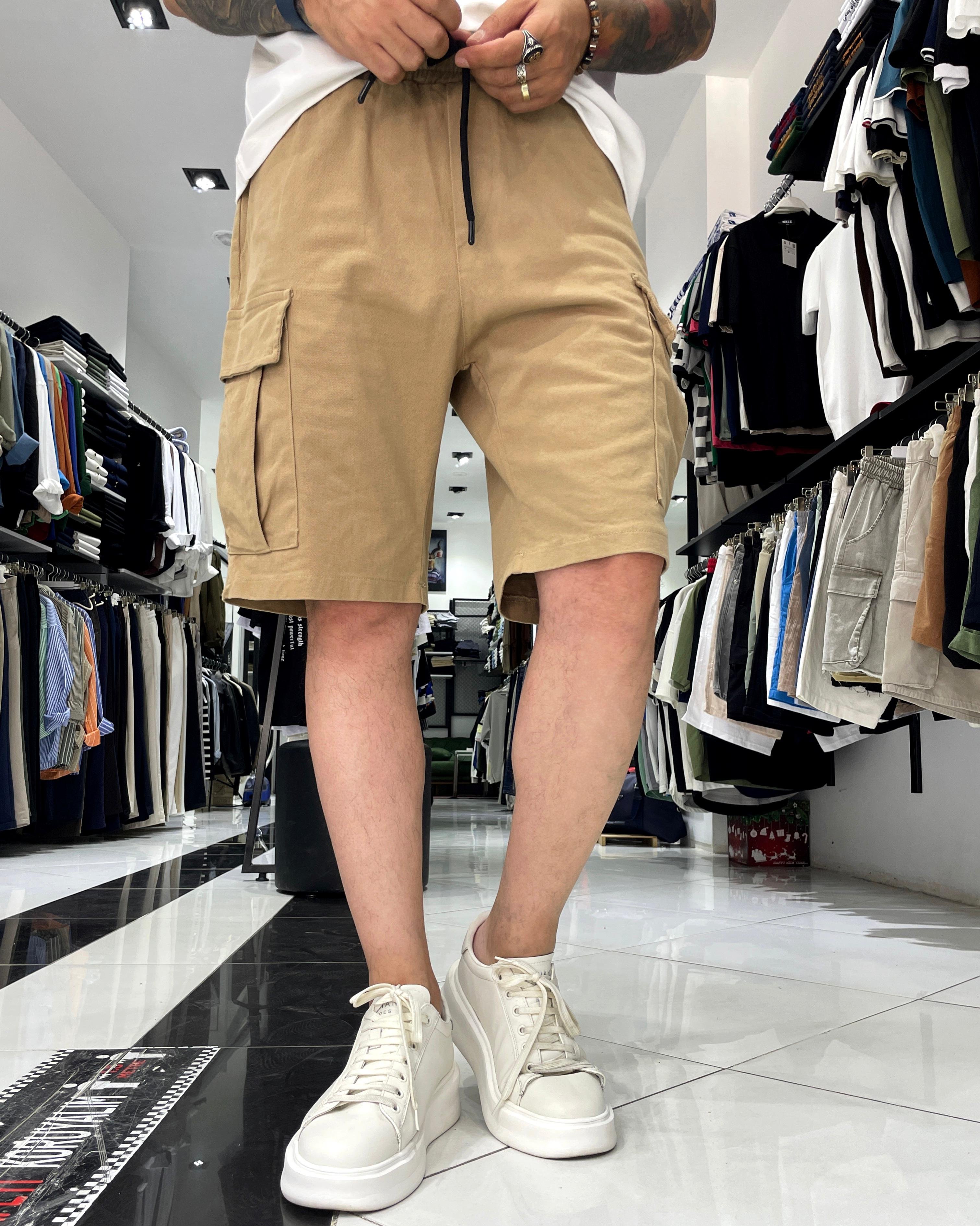 Elastic Waist Denim Shorts with Cargo Pockets - Beige