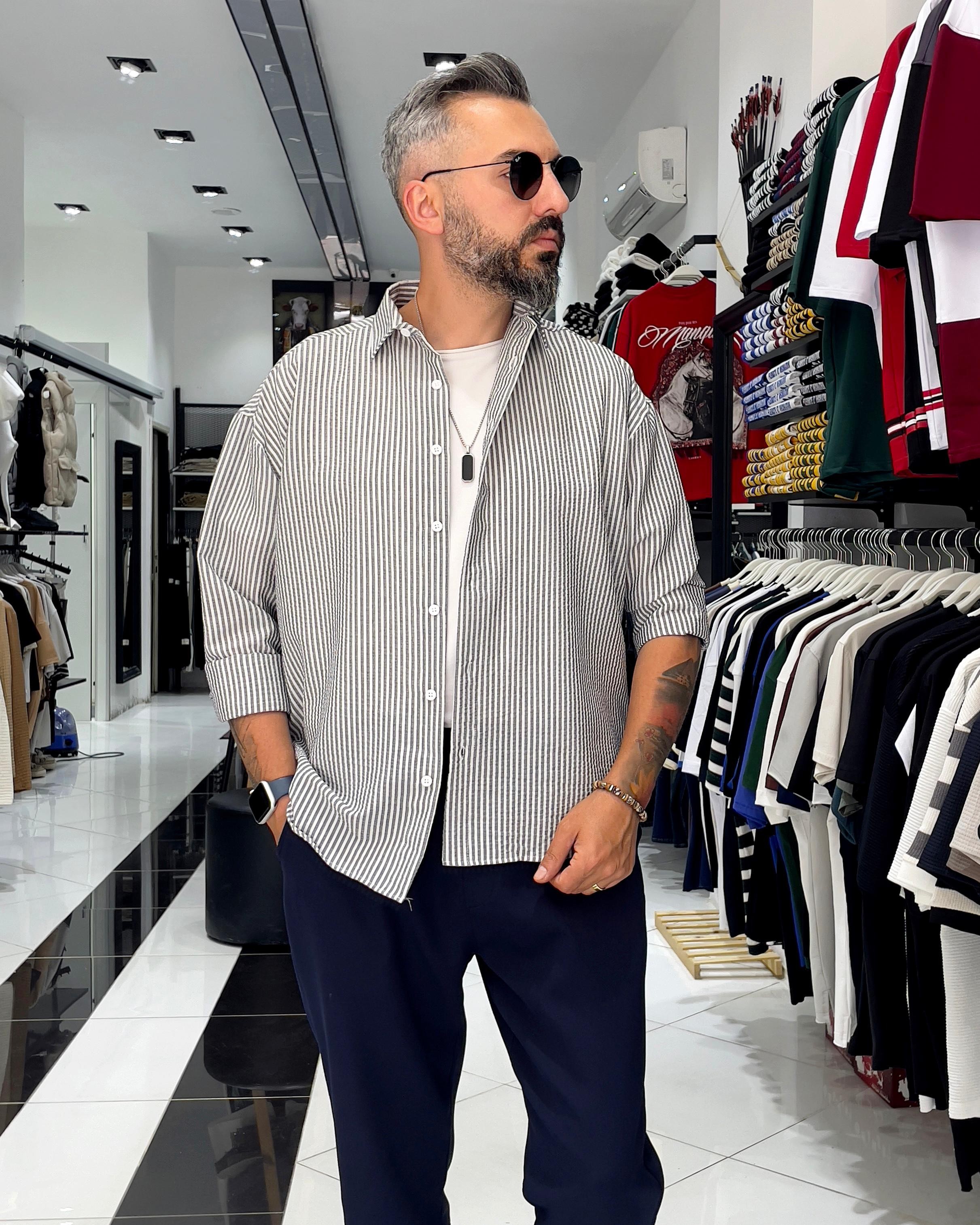 Gofre Kumaş Çizgili Oversize Erkek Gömlek - siyah