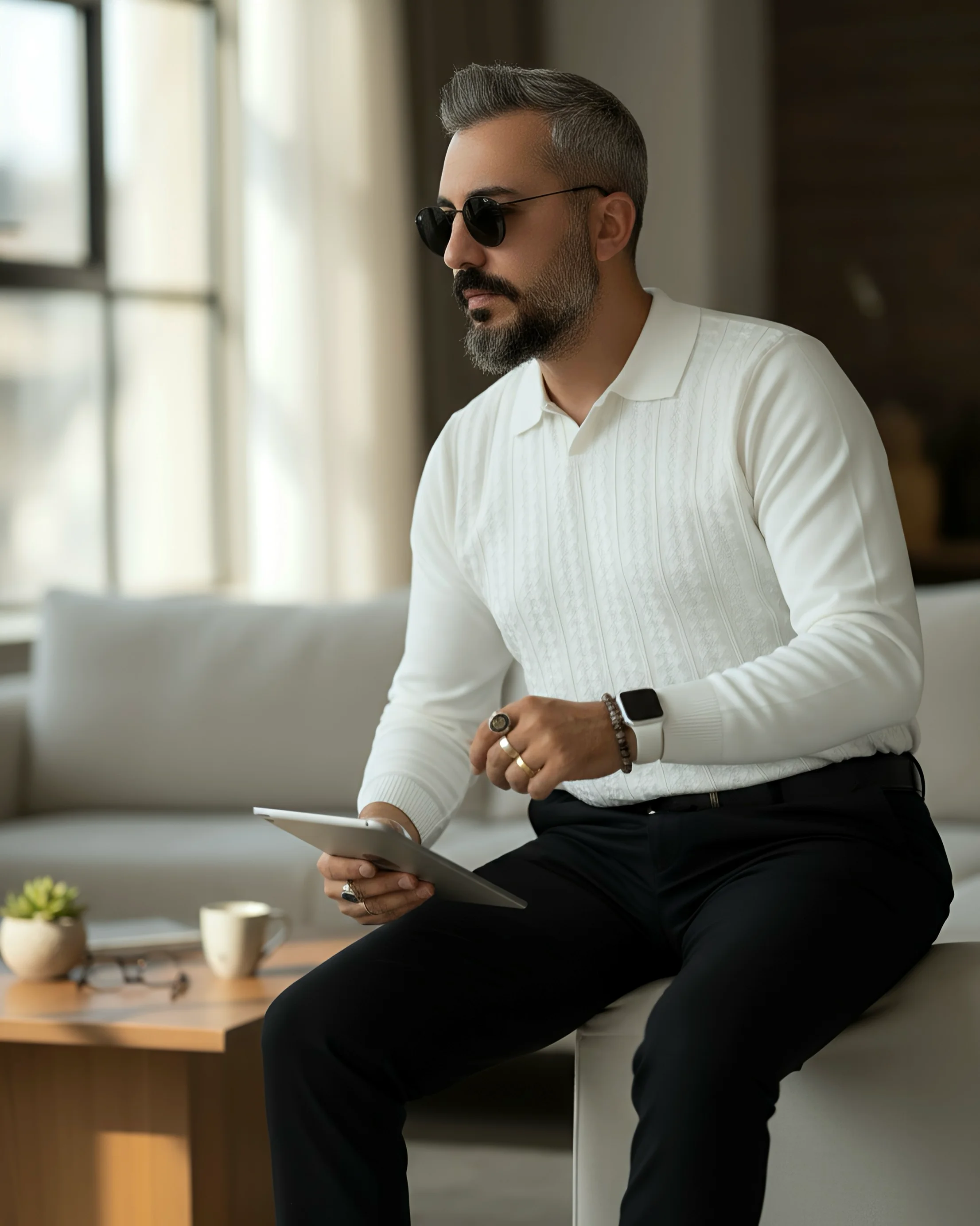 Elegance Erkek Old Money Uzun Kollu Triko Polo Yaka Kazak  - beyaz