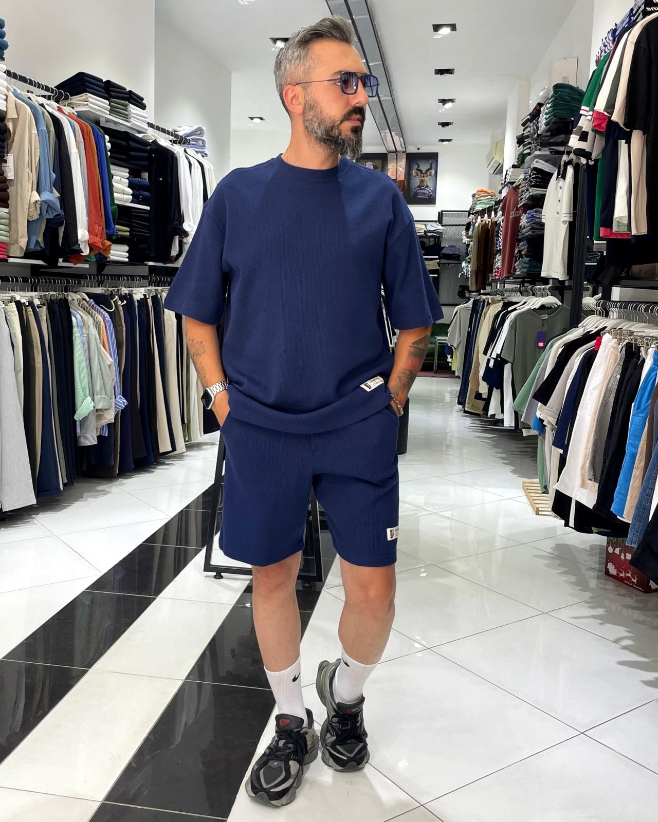 Waffle Kumaş Oversize Erkek T-Shirt & Şort İkili Takım - lacivert