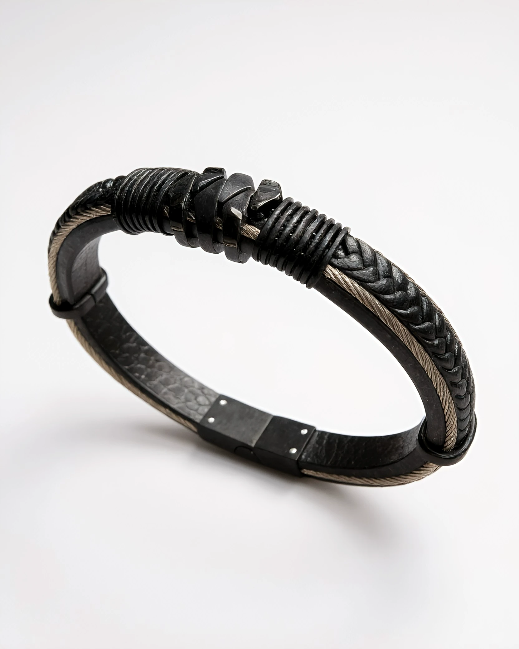 Iron Serpent | Siyah Örgü Detaylı Erkek Bileklik