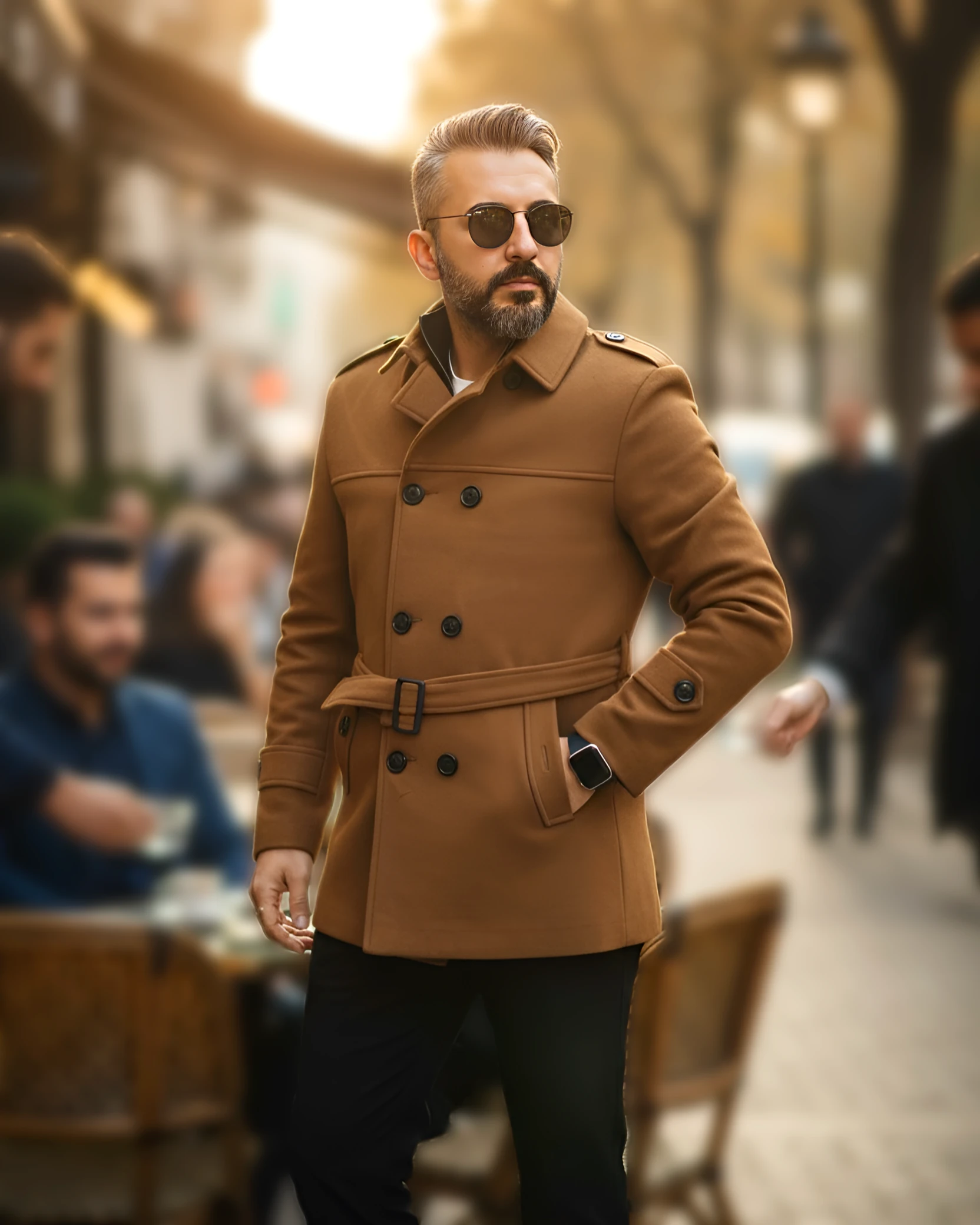 Men's Cashmere Coat with Belt and Epaulette Detail - Camel