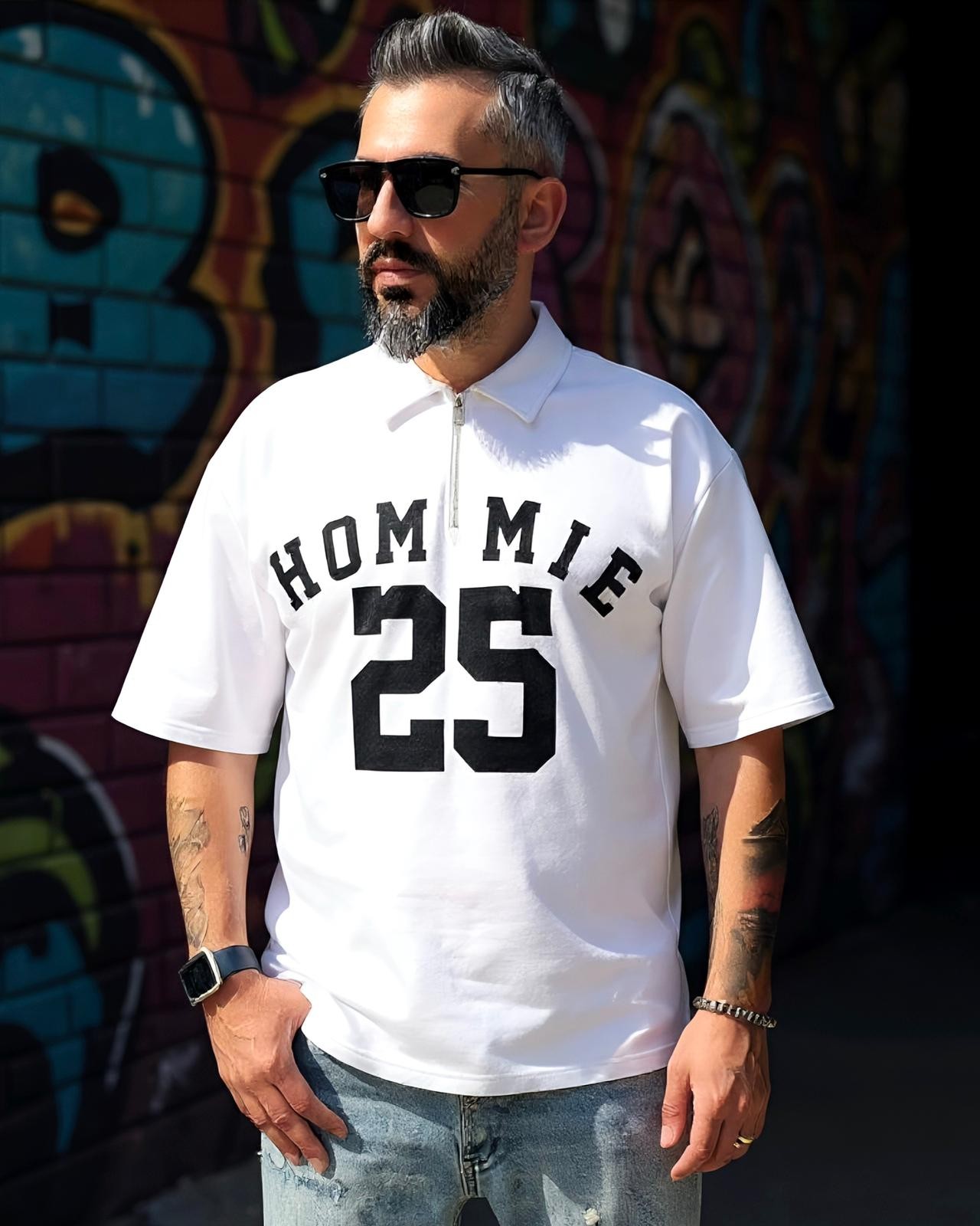 Hommie Baskili Oversize Erkek Polo Yaka T-Shirt - beyaz