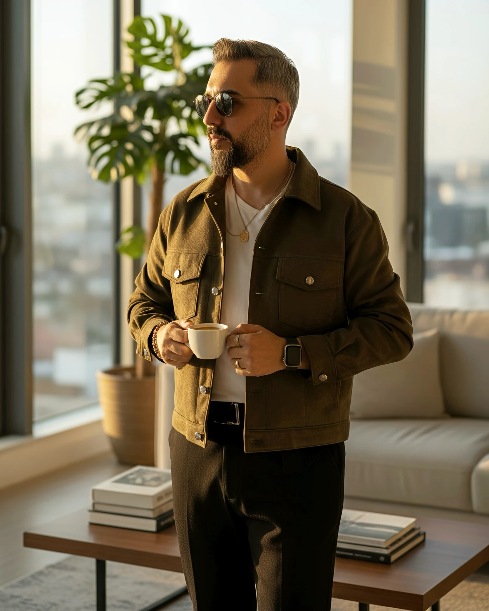 Boxy Fit Suede Men's Jacket - Khaki green