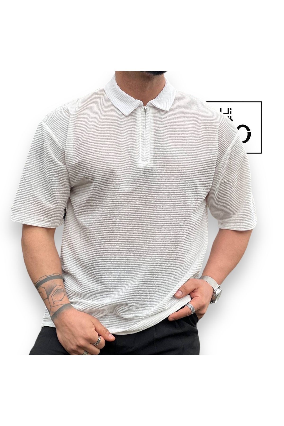 Oversize Fermurlı Polo Yaka T-Shirt - beyaz