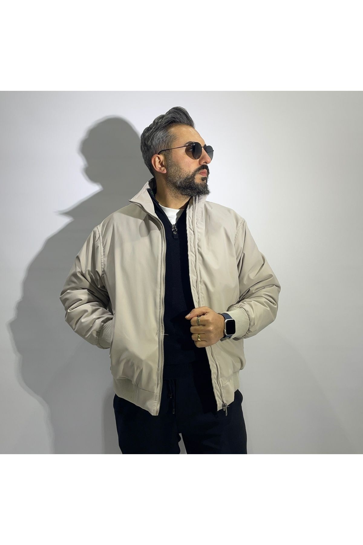 Oversize Fermuarlı Erkek Bomber Mont - bej