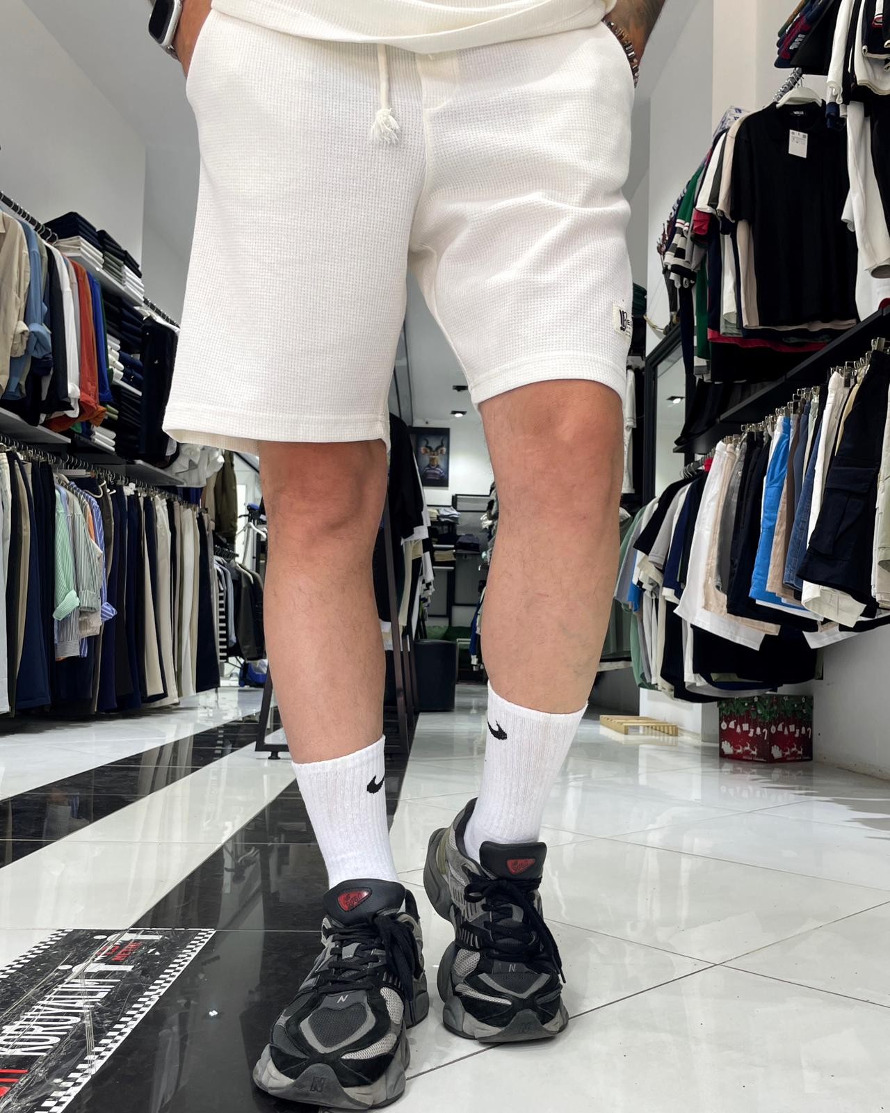 Waffle Kumaş Oversize Erkek T-Shirt & Şort İkili Takım - beyaz