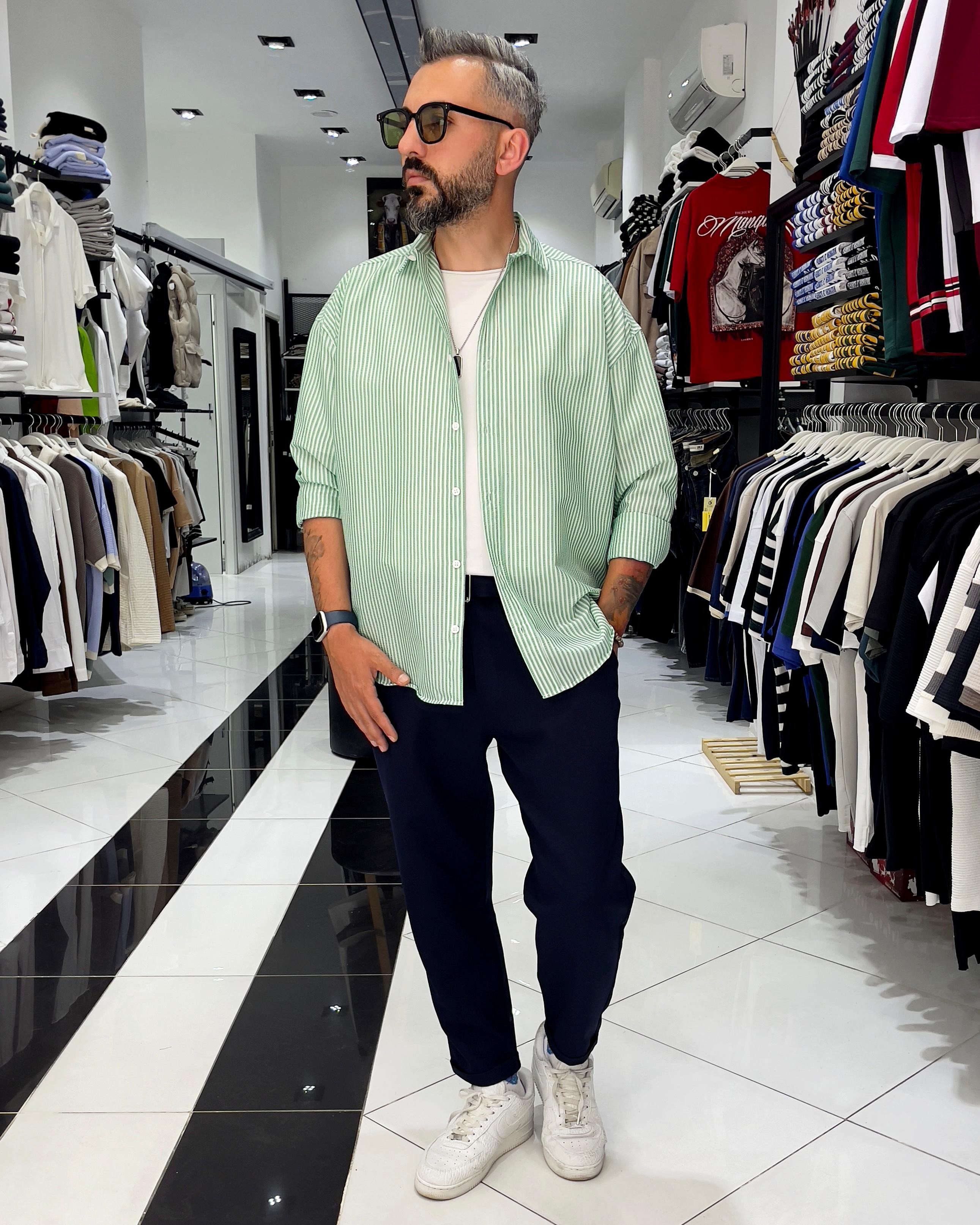 Gofre Kumaş Çizgili Oversize Erkek Gömlek - yeşil