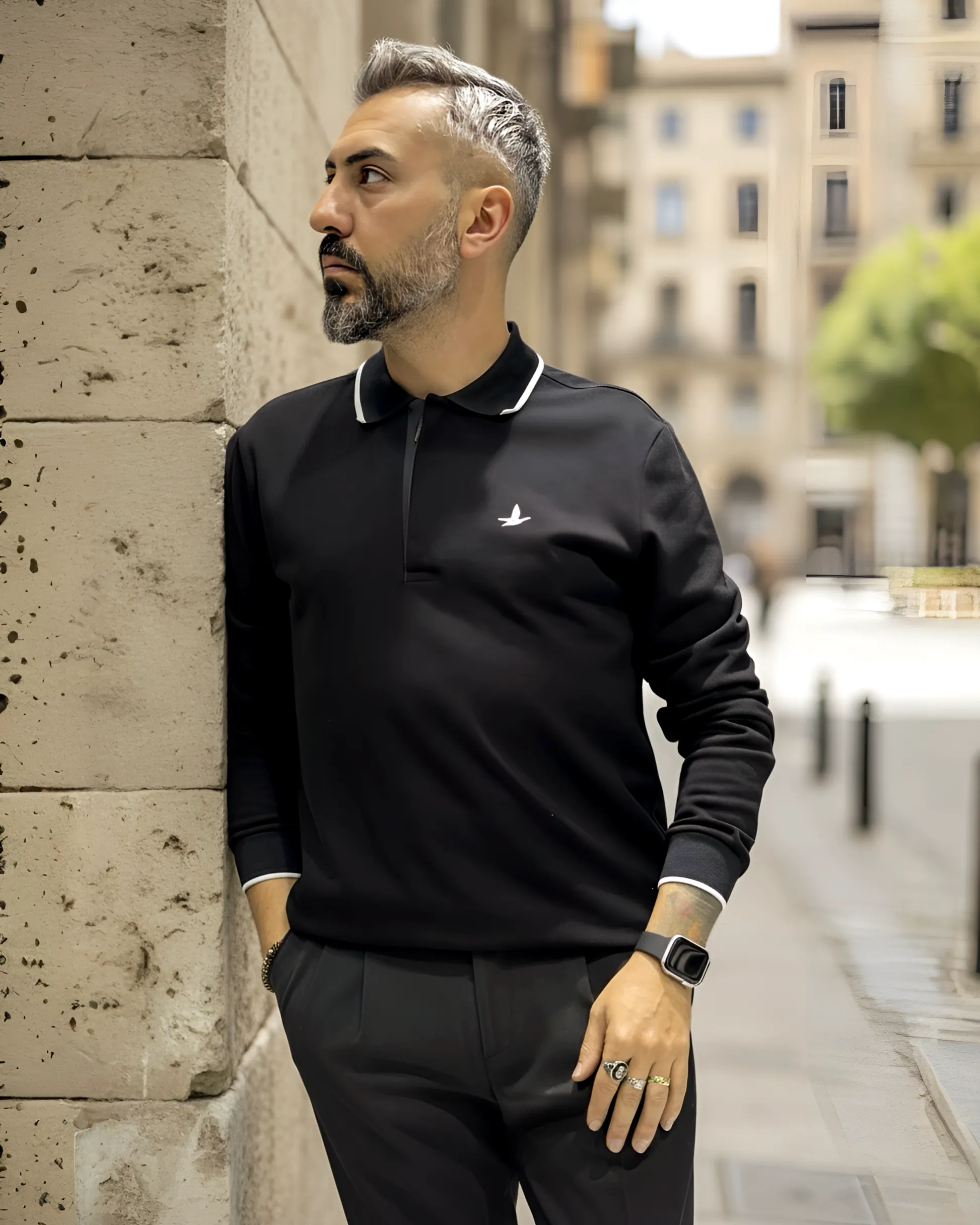 Uzun Kollu  Yarım Fermuarlı Pike Kumaş Erkek Polo - siyah