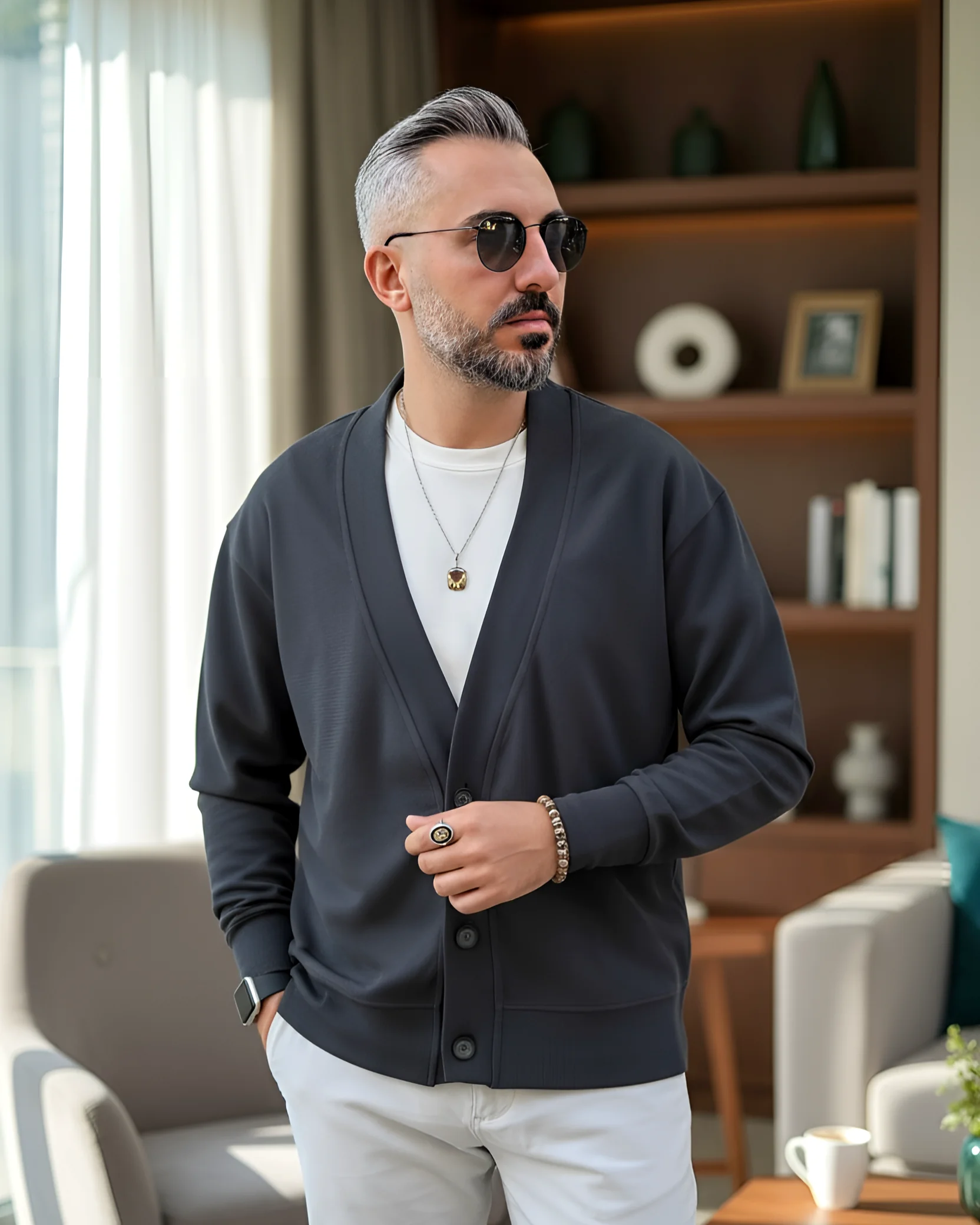 Midnight Vision Old Money Düğmeli Erkek Hırka - füme