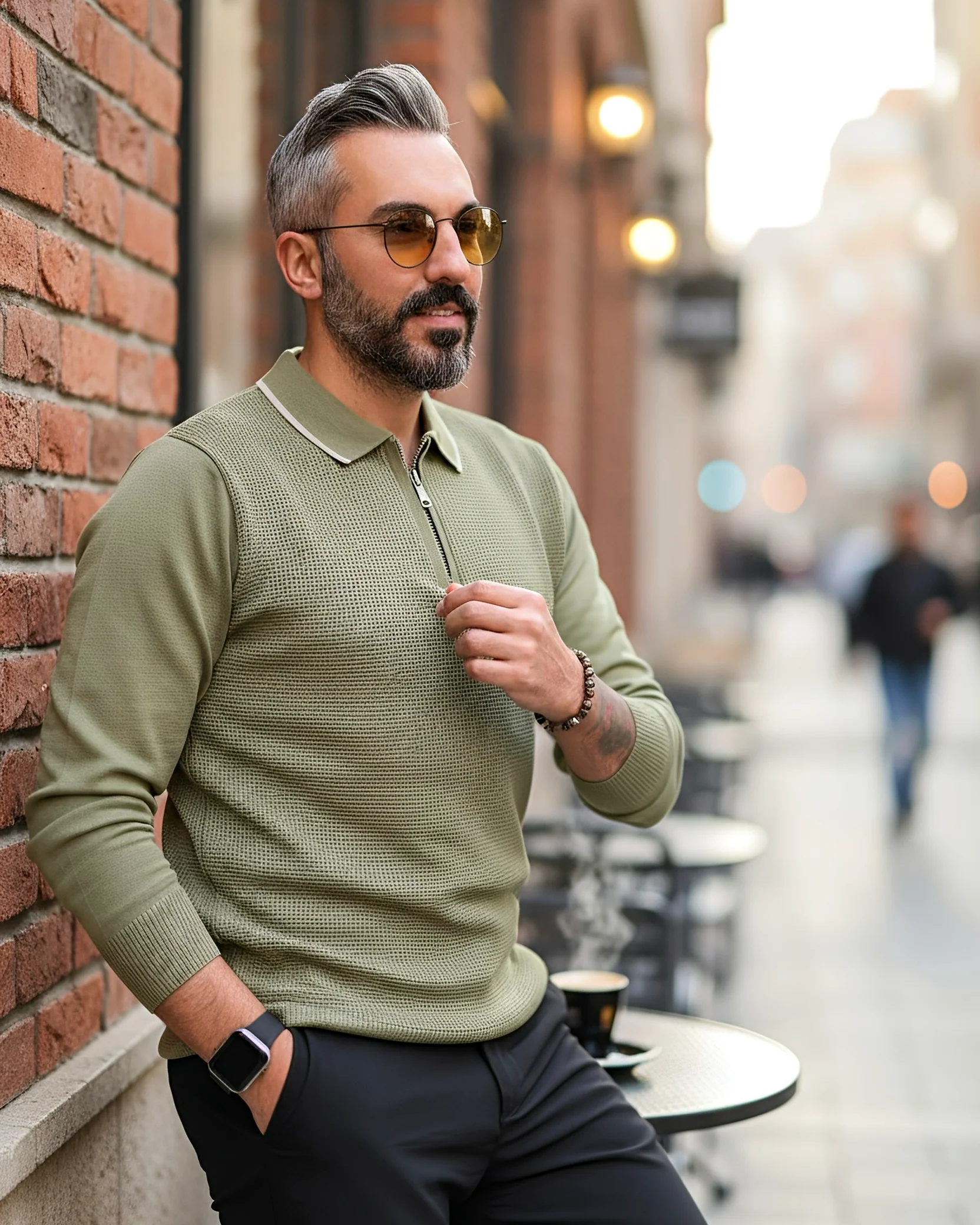 Old Money Erkek Yarım Fermuarlı Triko Kazak - yeşil