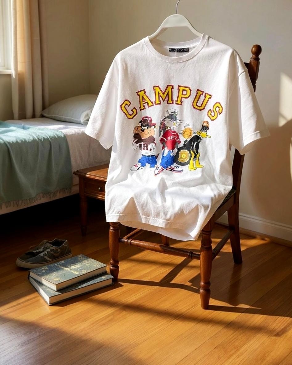 Kampüs Baskılı Oversize %100 Pamuk Erkek T-Shirt – Higo Man - beyaz