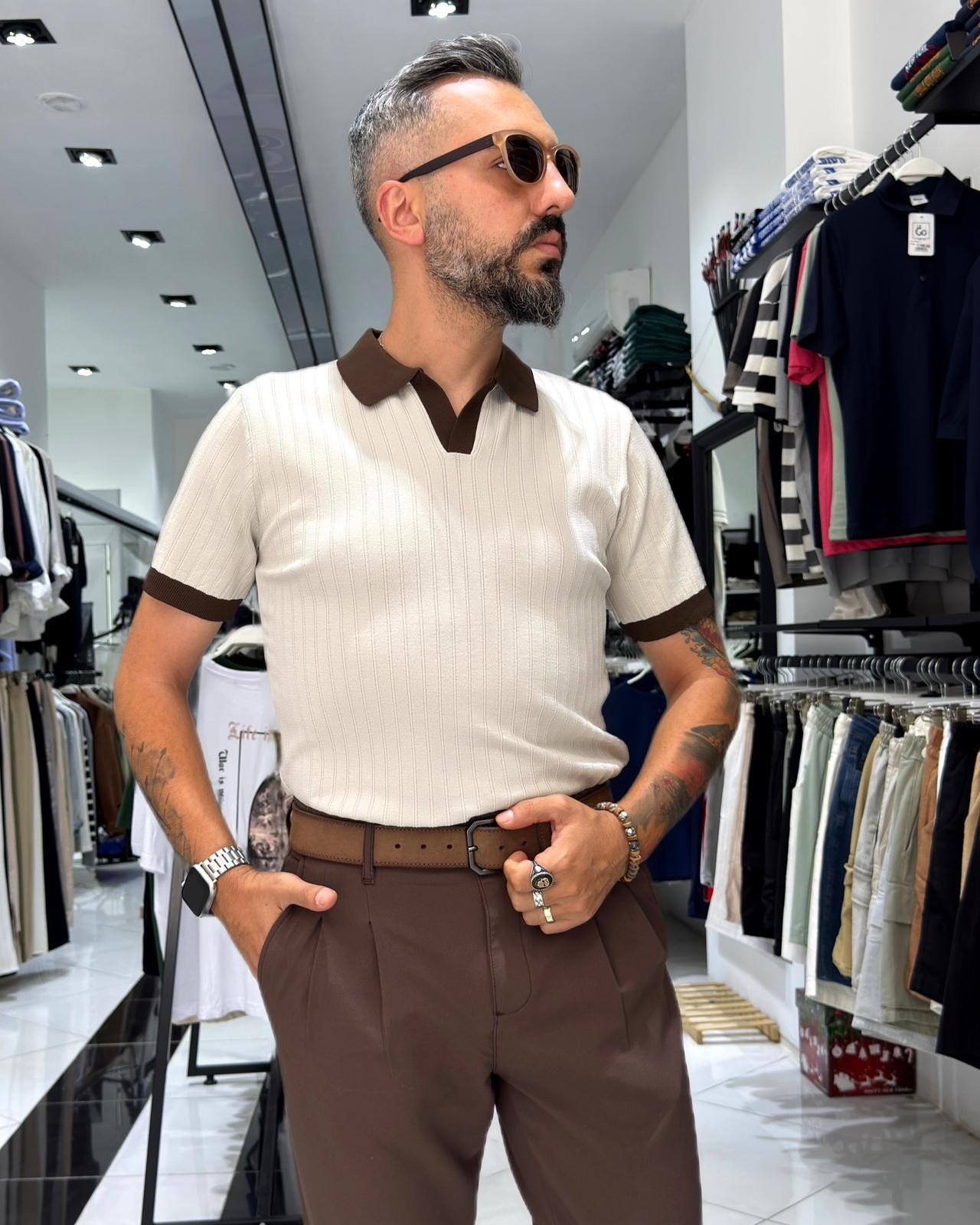 Yaka Detaylı Erkek Triko Polo Yaka T-Shirt - krem