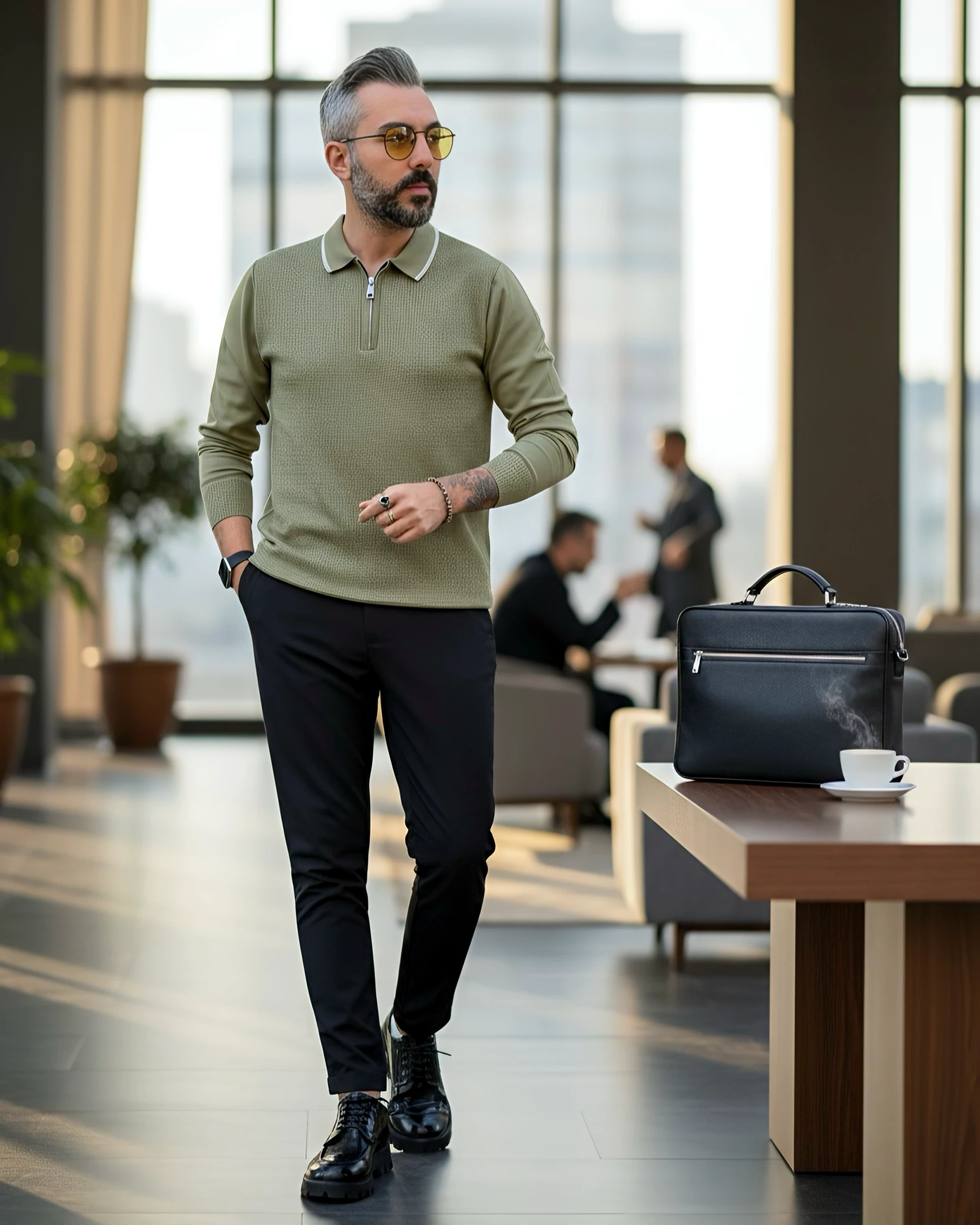 Old Money Erkek Yarım Fermuarlı Triko Kazak - yeşil