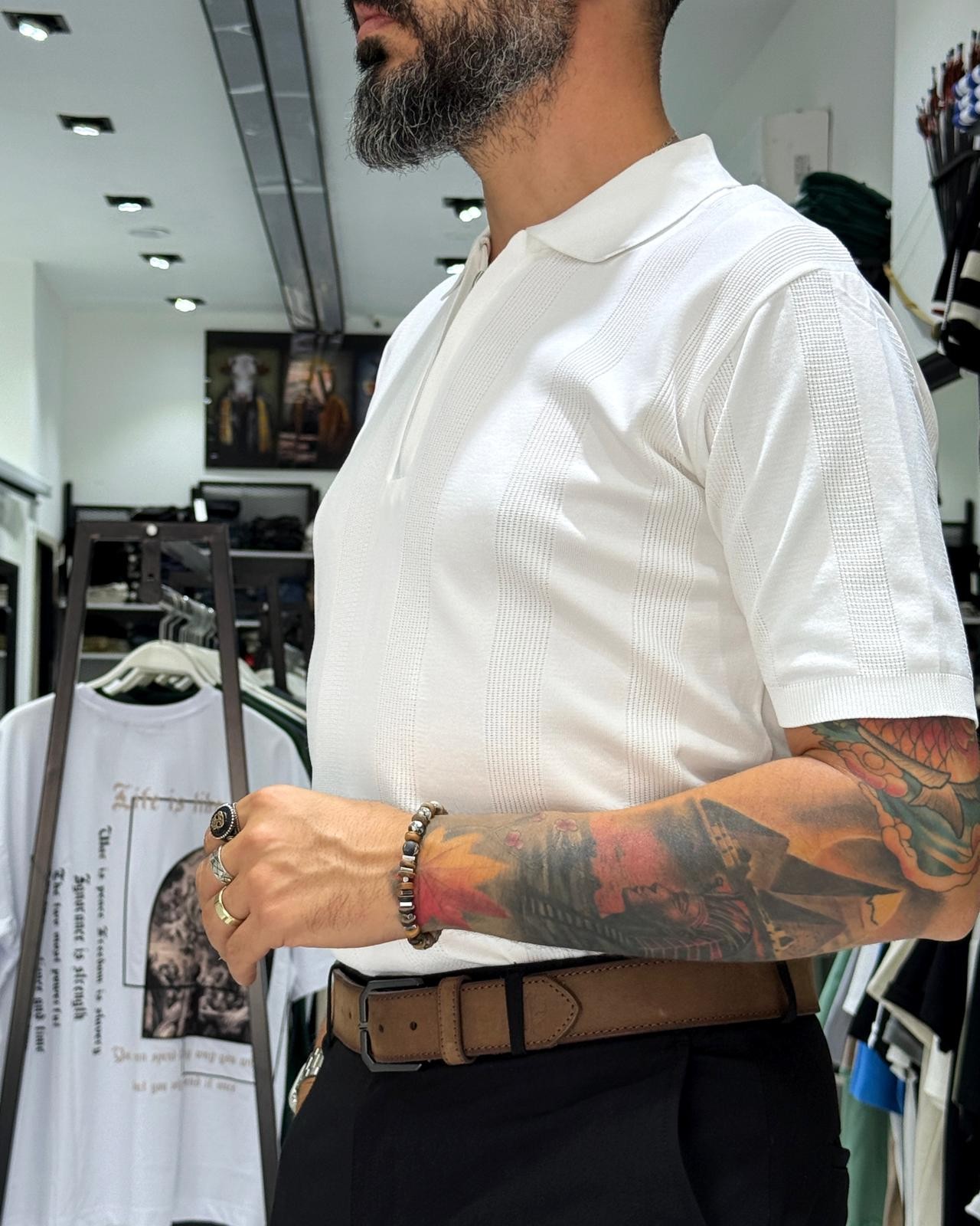  Desenli Polo Yaka Yarım Fermuarlı Erkek T-Shirt - beyaz