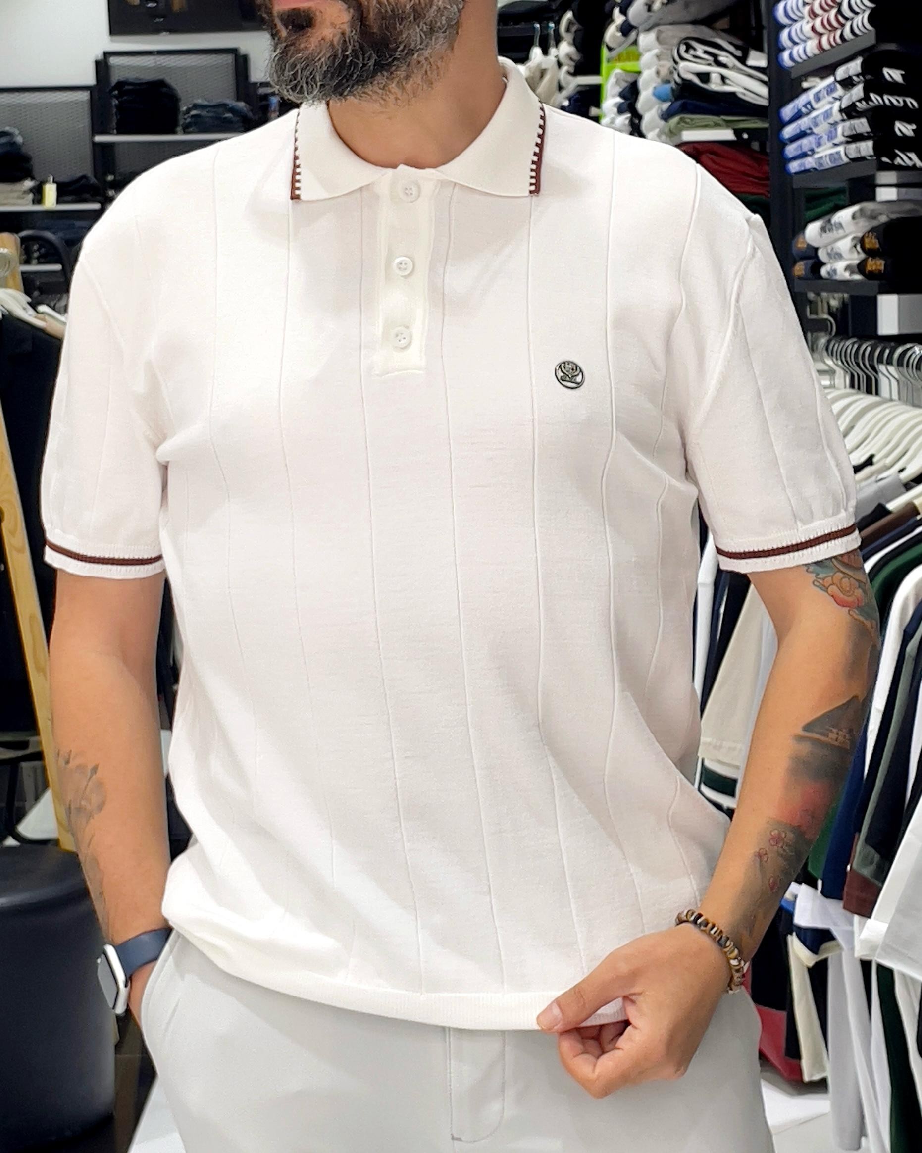 Yaka Ve Kol Detaylı Triko Polo Yaka Erkek T-Shirt - beyaz