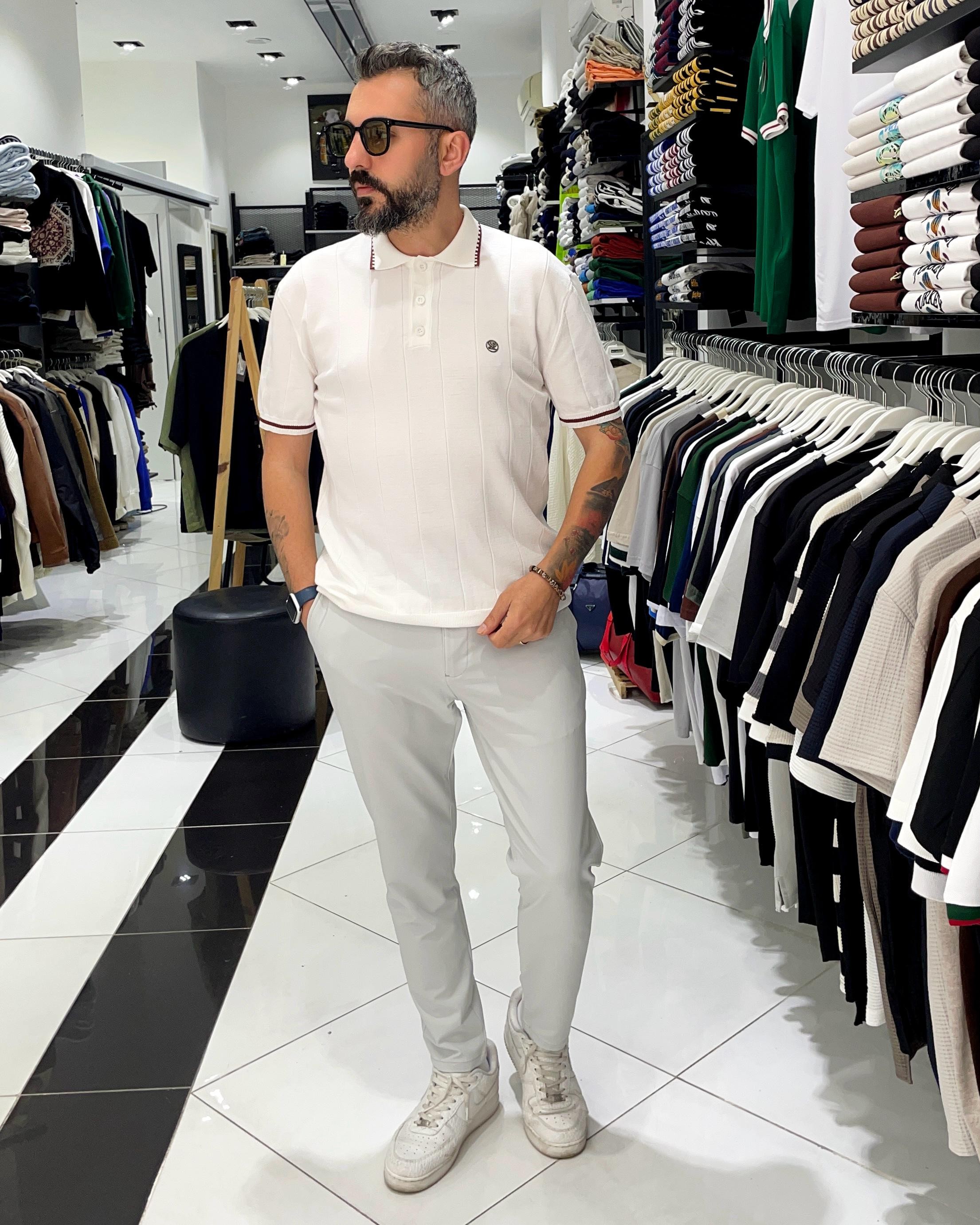 Yaka Ve Kol Detaylı Triko Polo Yaka Erkek T-Shirt - beyaz