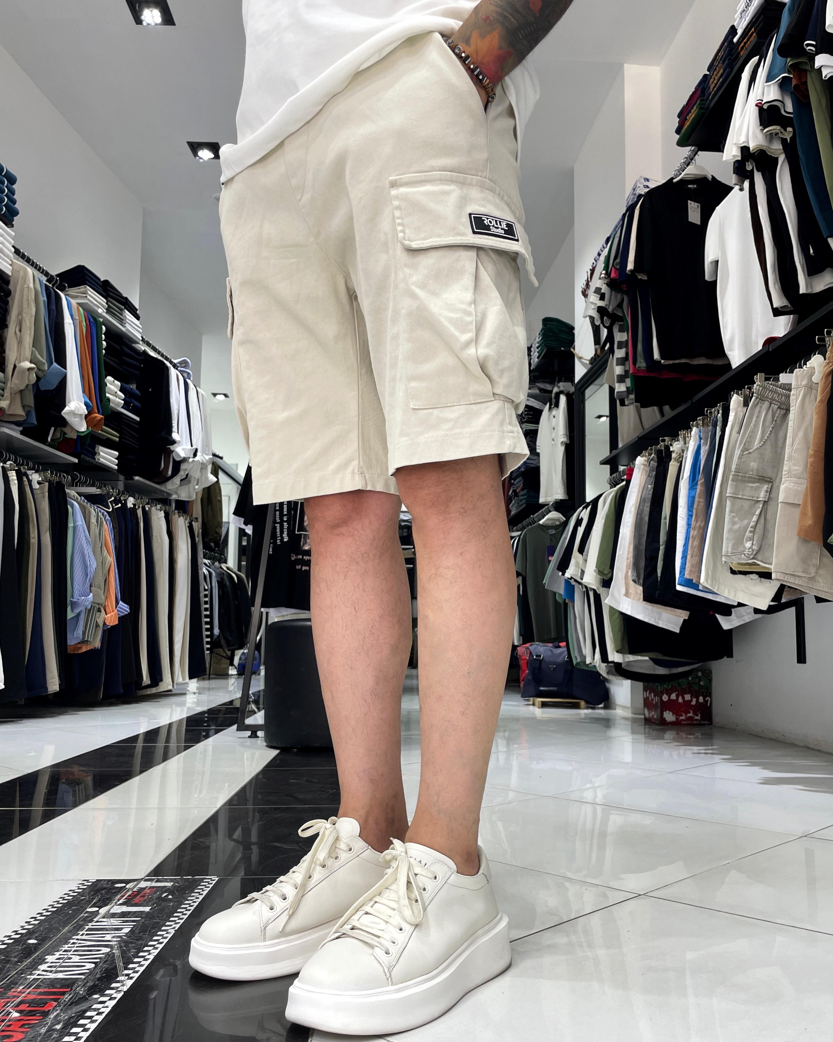 Elastic Waist Denim Shorts with Cargo Pockets - Grey