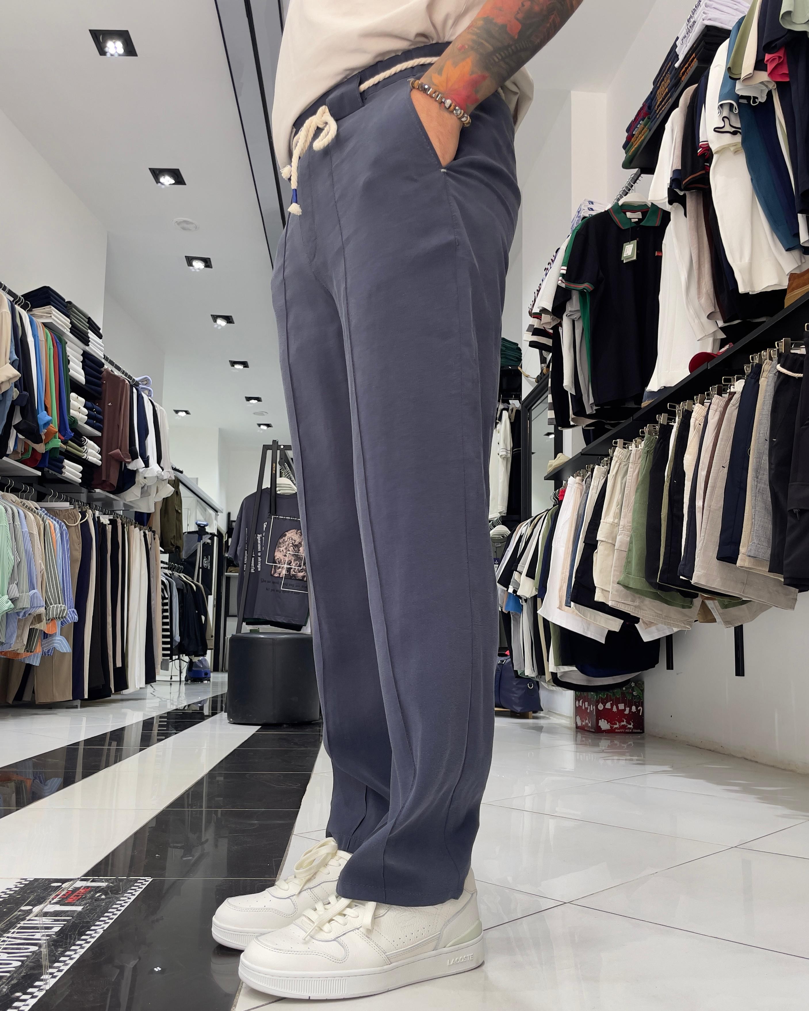 Modal Kumaş Kemer Detaylı Baggy Fit Erkek Pantolon - indigo