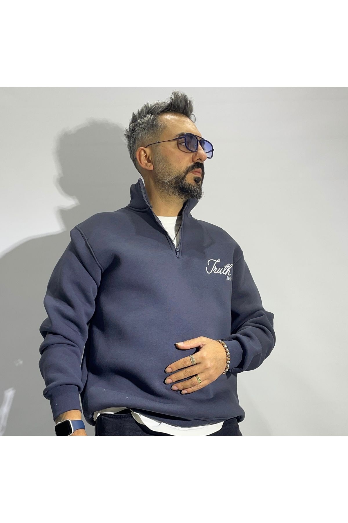 Nakış Detaylı Yarım Fermuar Oversize Erkek Sweatshirt - antrasit