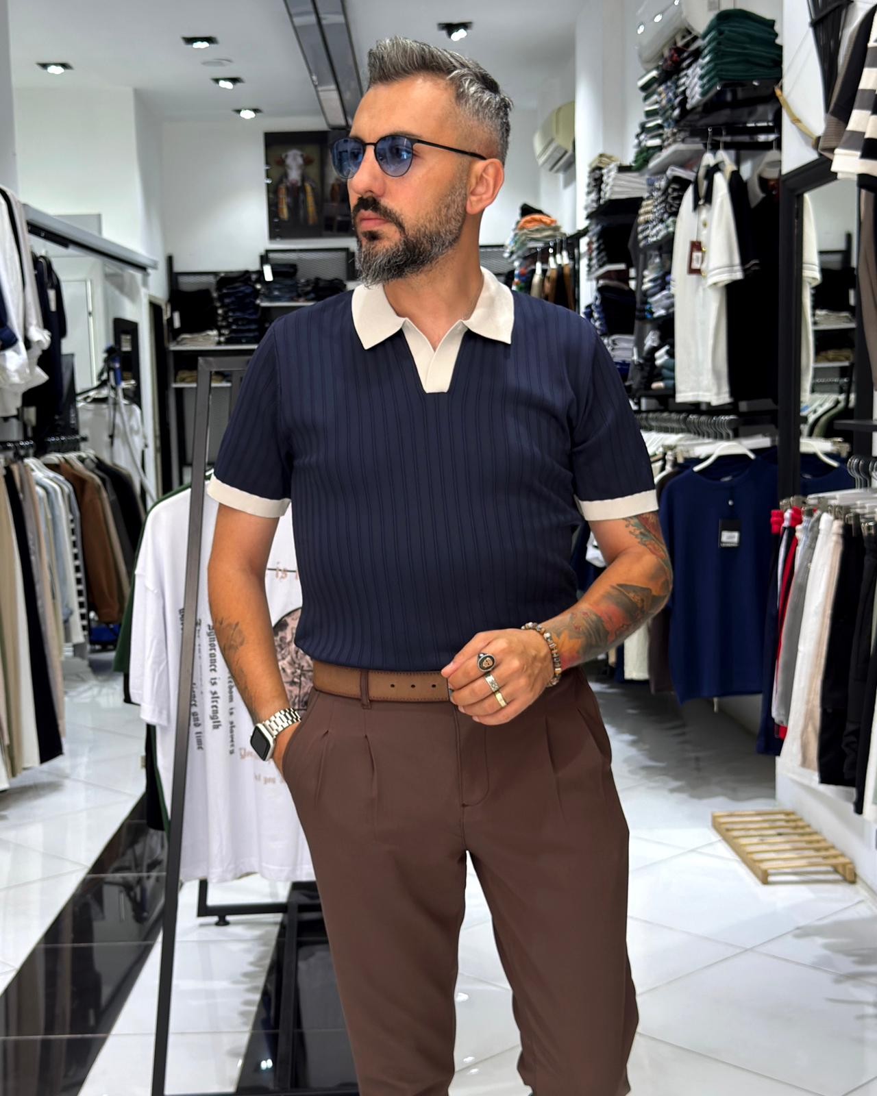 Yaka Detaylı Erkek Triko Polo Yaka T-Shirt - lacivert