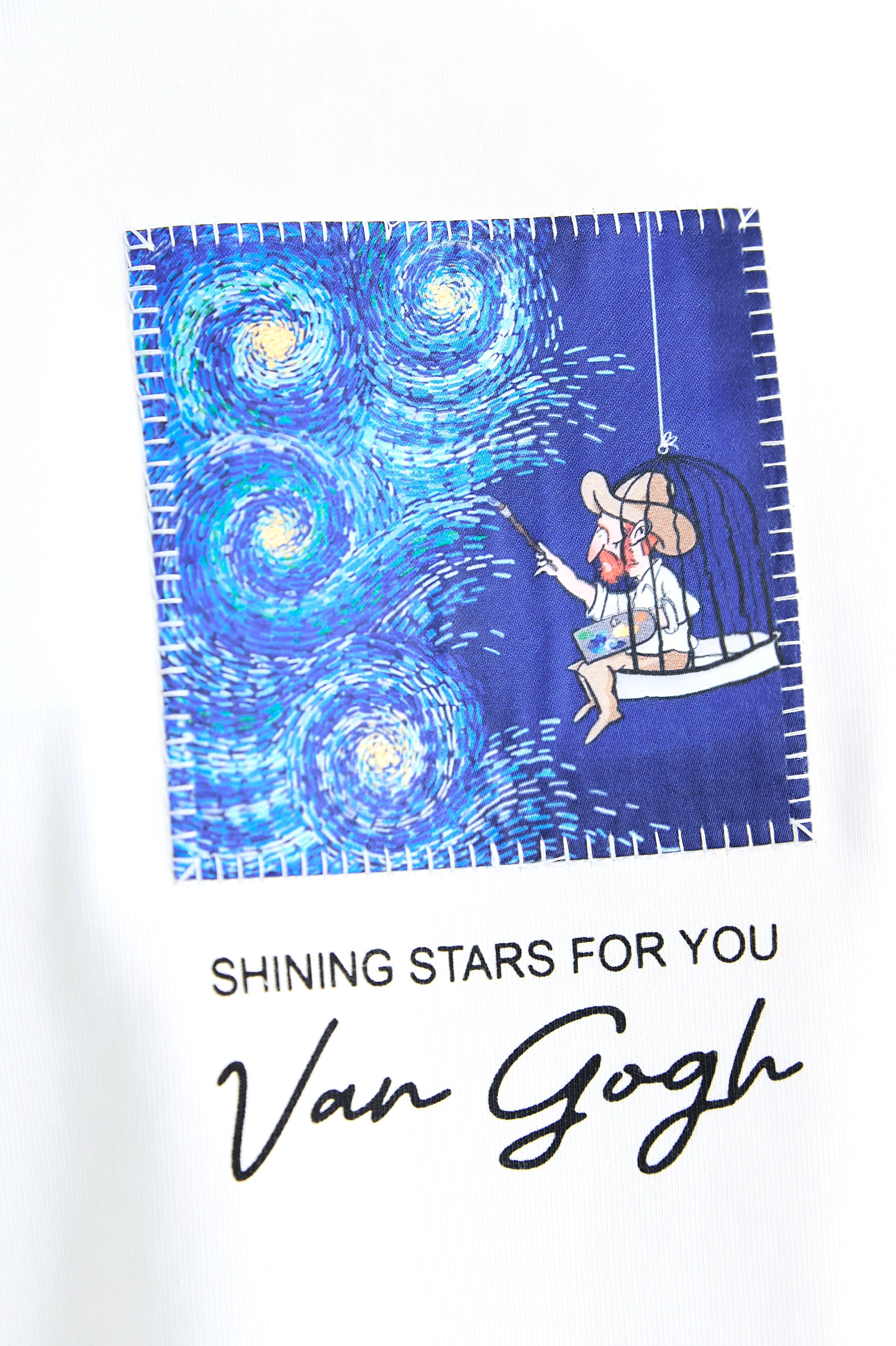 Starry Vision Sırt Kumaş Baskı Van Gogh Oversize Erkek T-Shirt - beyaz