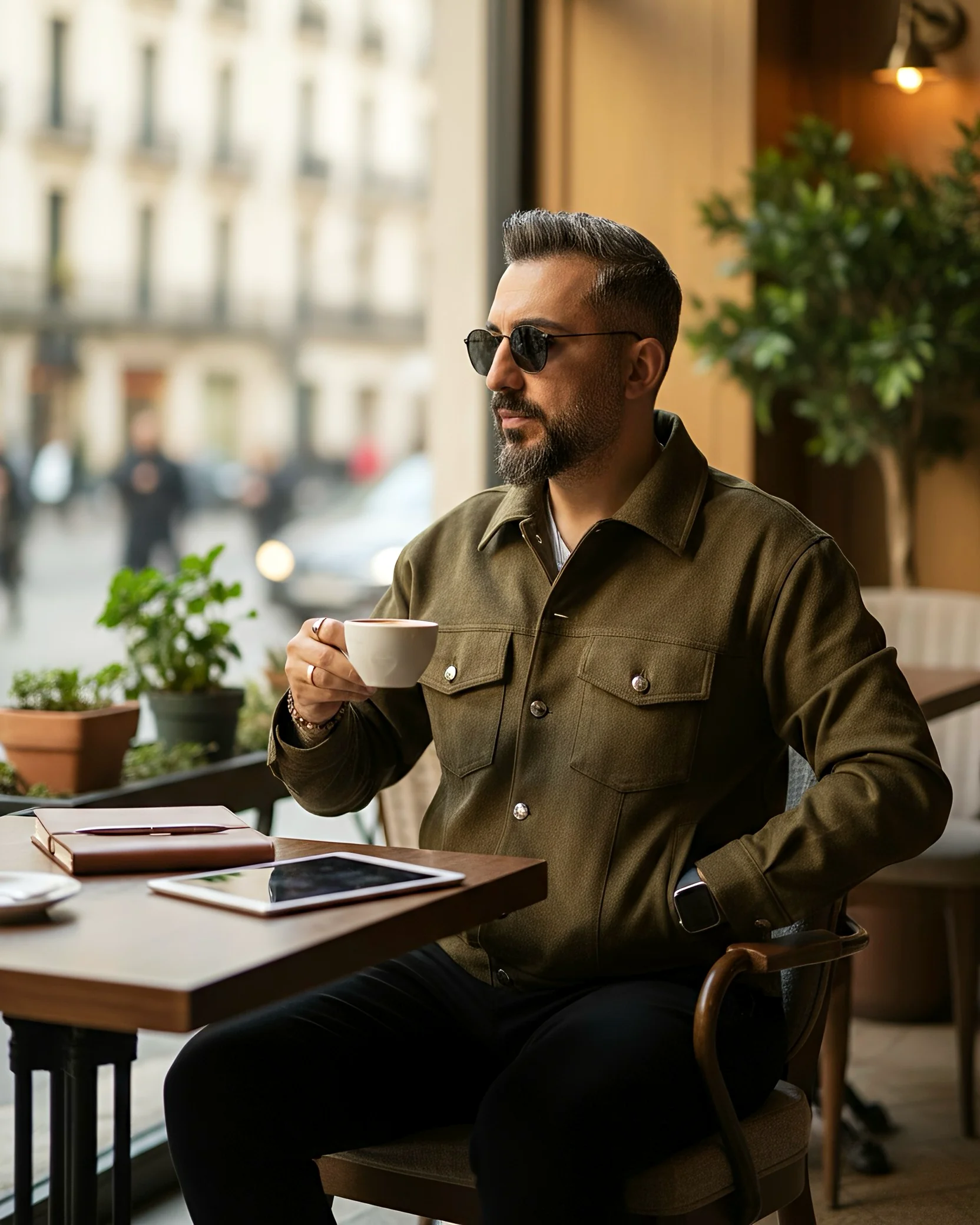 Boxy Fit Suede Men's Jacket - Khaki green