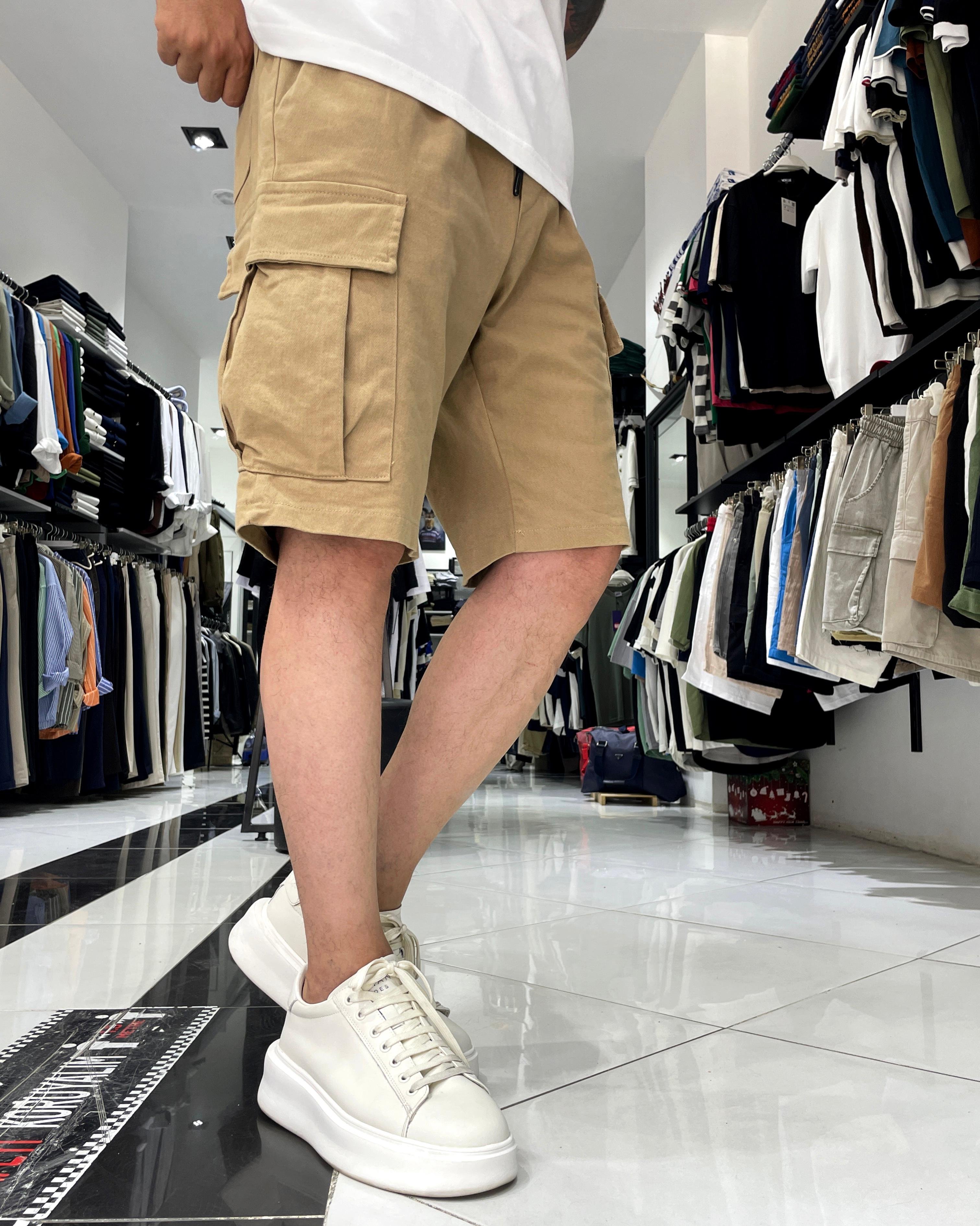 Elastic Waist Denim Shorts with Cargo Pockets - Beige