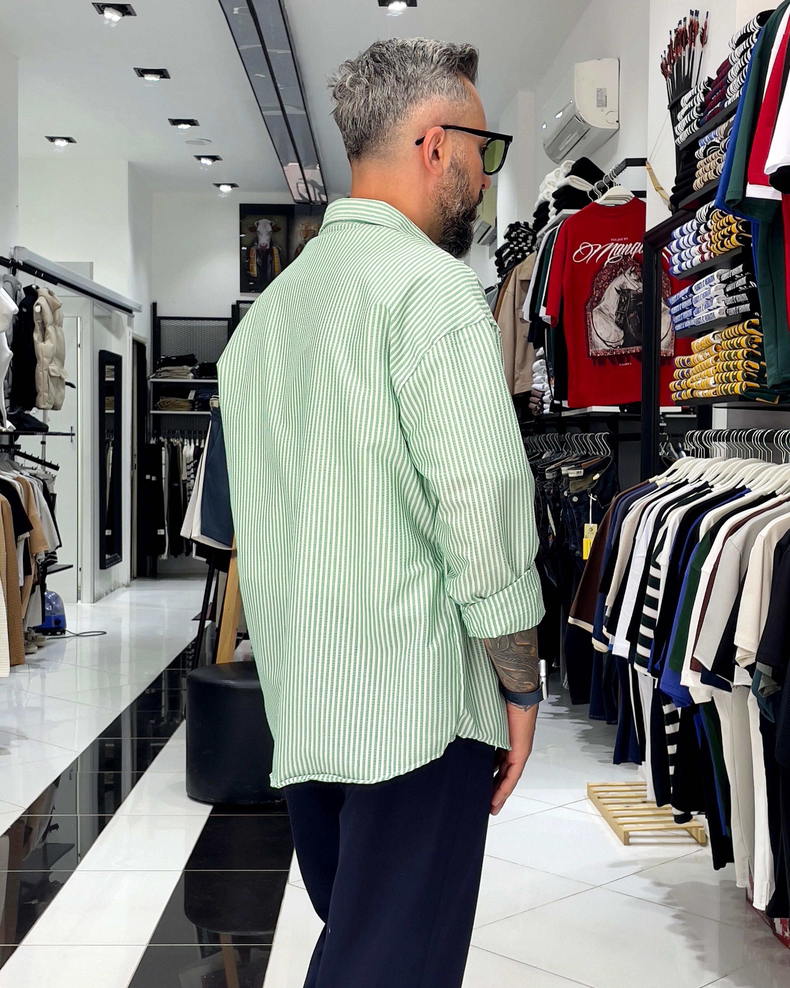 Gofre Kumaş Çizgili Oversize Erkek Gömlek - yeşil