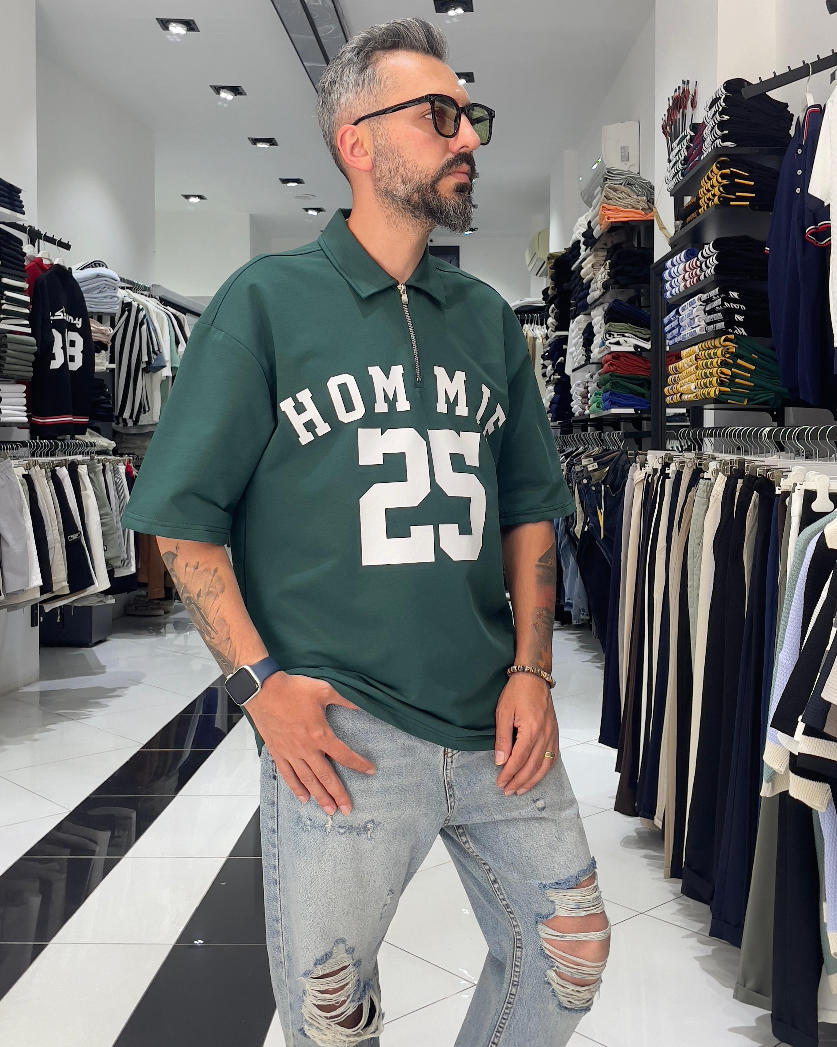 Hommie Baskili Oversize Erkek Polo Yaka T-Shirt - yeşil