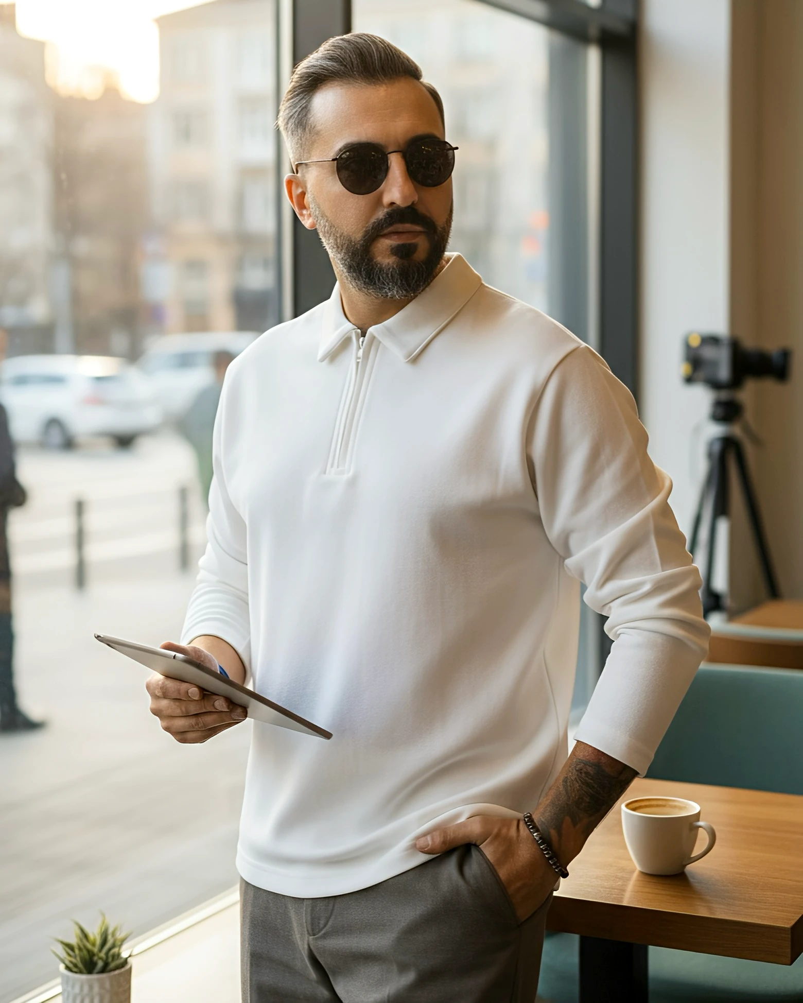 Beyaz Fermuarlı Erkek Polo Yaka Sweatshirt